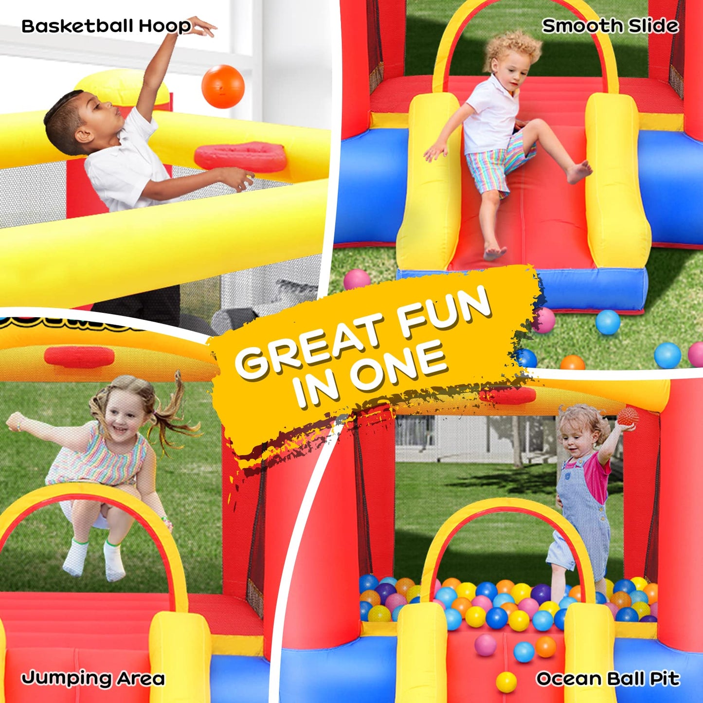 JOYMOR Inflatable Indoor Bounce House with Slide & Basketball Hoop | Easy Setup for Kids 3-10