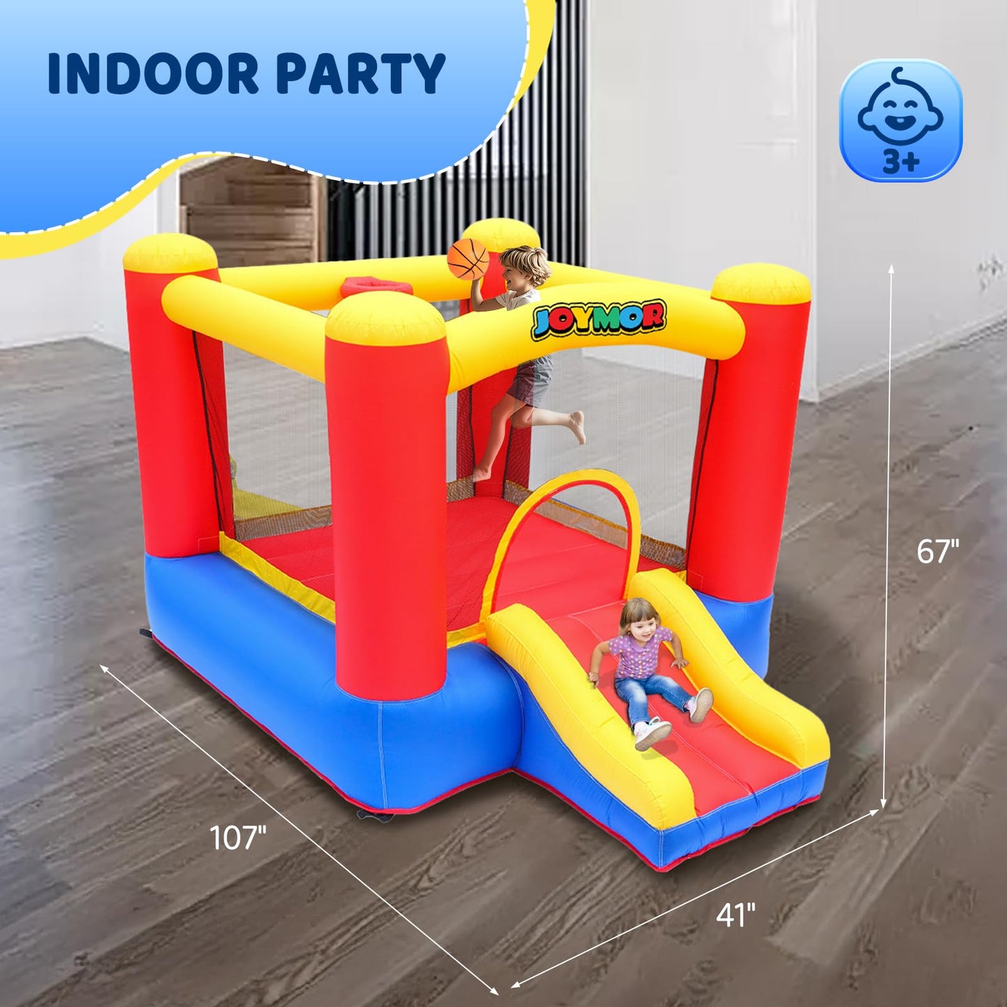 JOYMOR Inflatable Indoor Bounce House with Slide & Basketball Hoop | Easy Setup for Kids 3-10