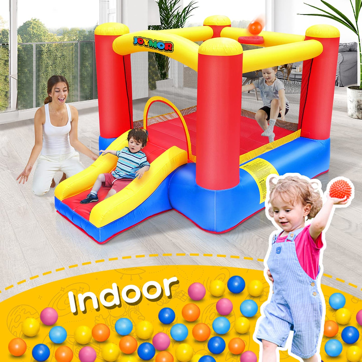 JOYMOR Inflatable Indoor Bounce House with Slide & Basketball Hoop | Easy Setup for Kids 3-10