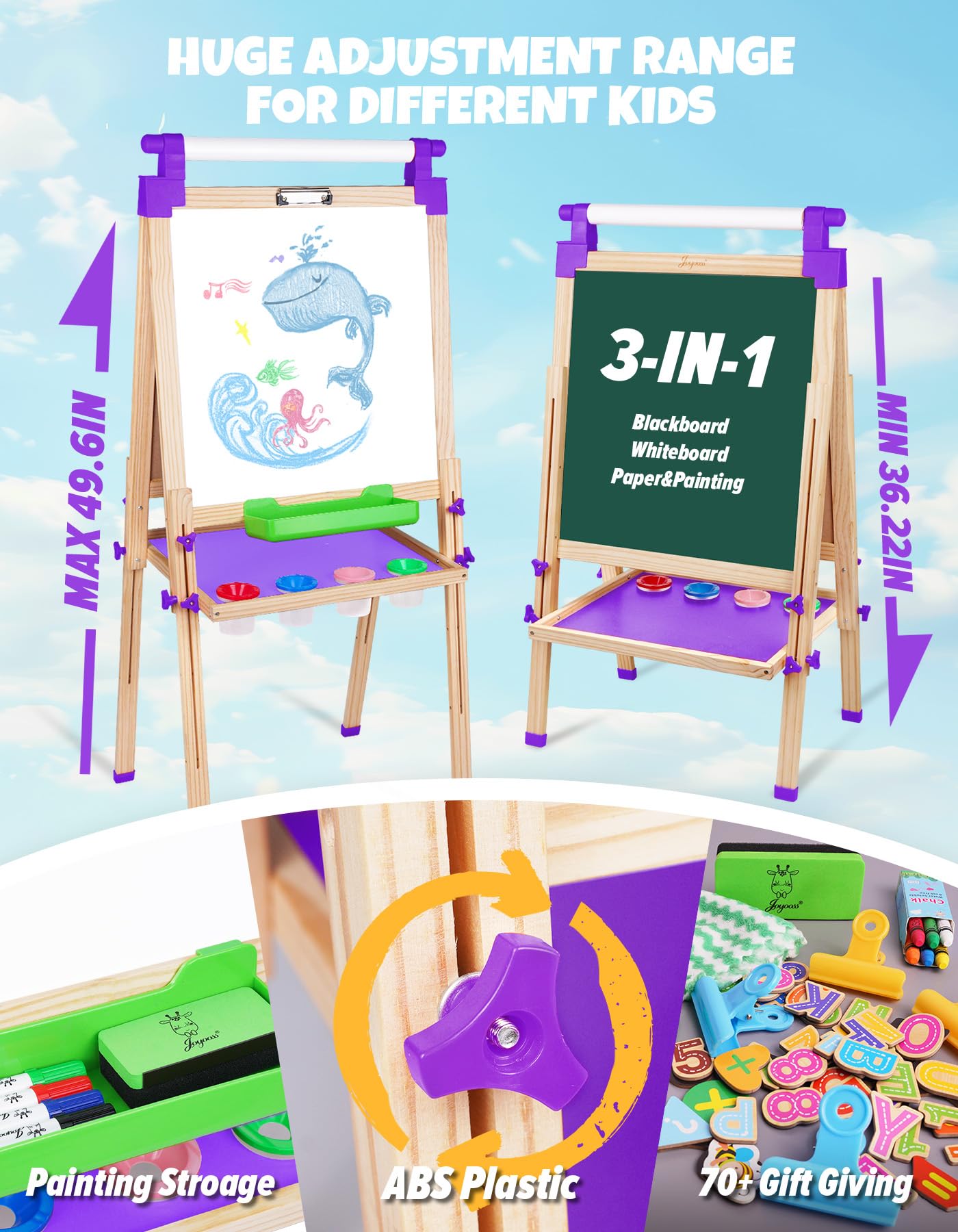 JOYOOSS Art Easel for Kids – Double-Sided Wooden Easel with Paper Roll, Adjustable Height