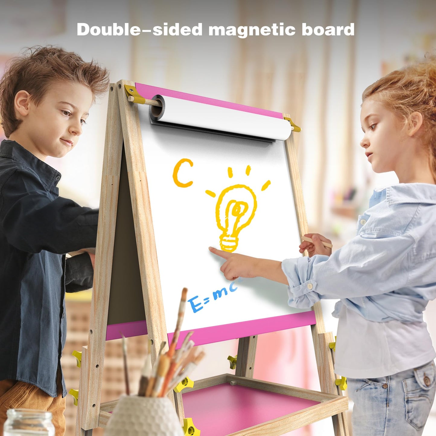 JOYOOSS Art Easel for Kids – Adjustable 3-in-1 Wooden Magnetic Board with Paper Roll