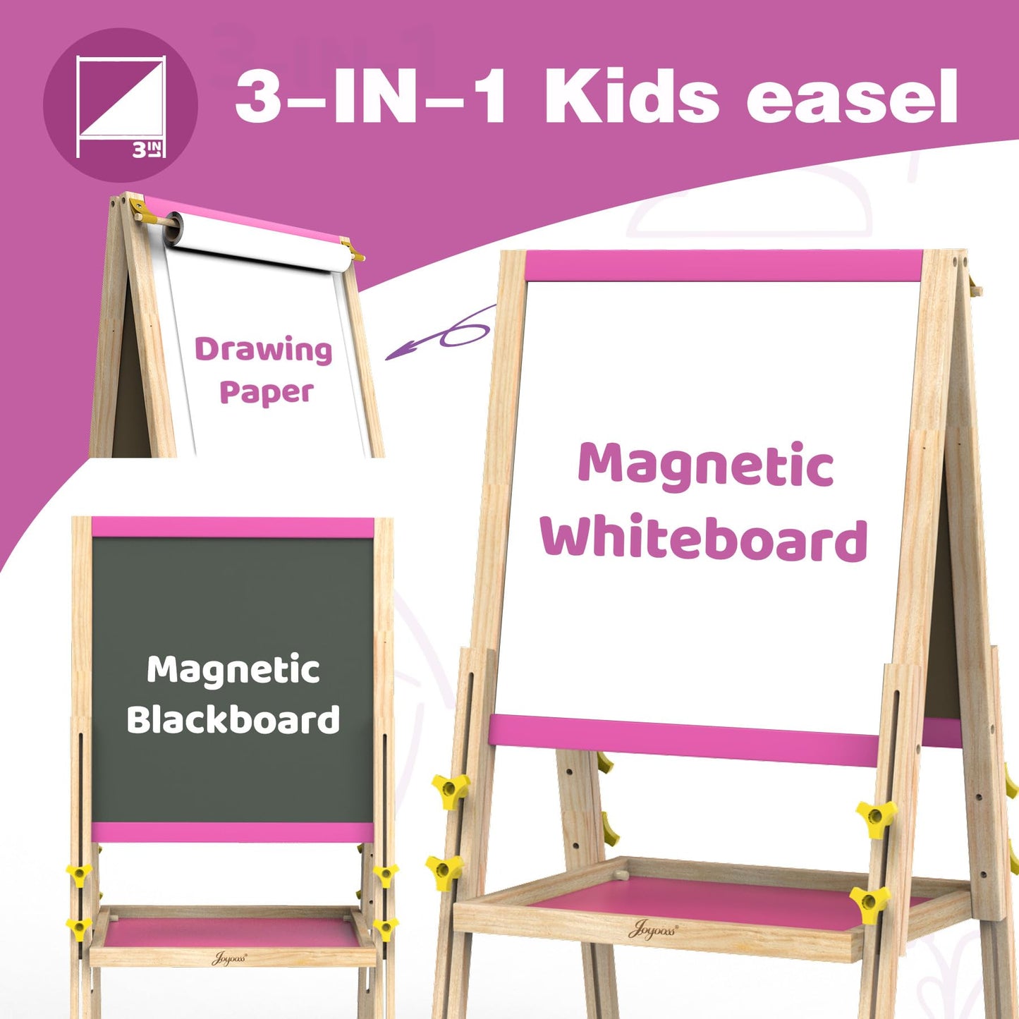 JOYOOSS Art Easel for Kids – Adjustable 3-in-1 Wooden Magnetic Board with Paper Roll