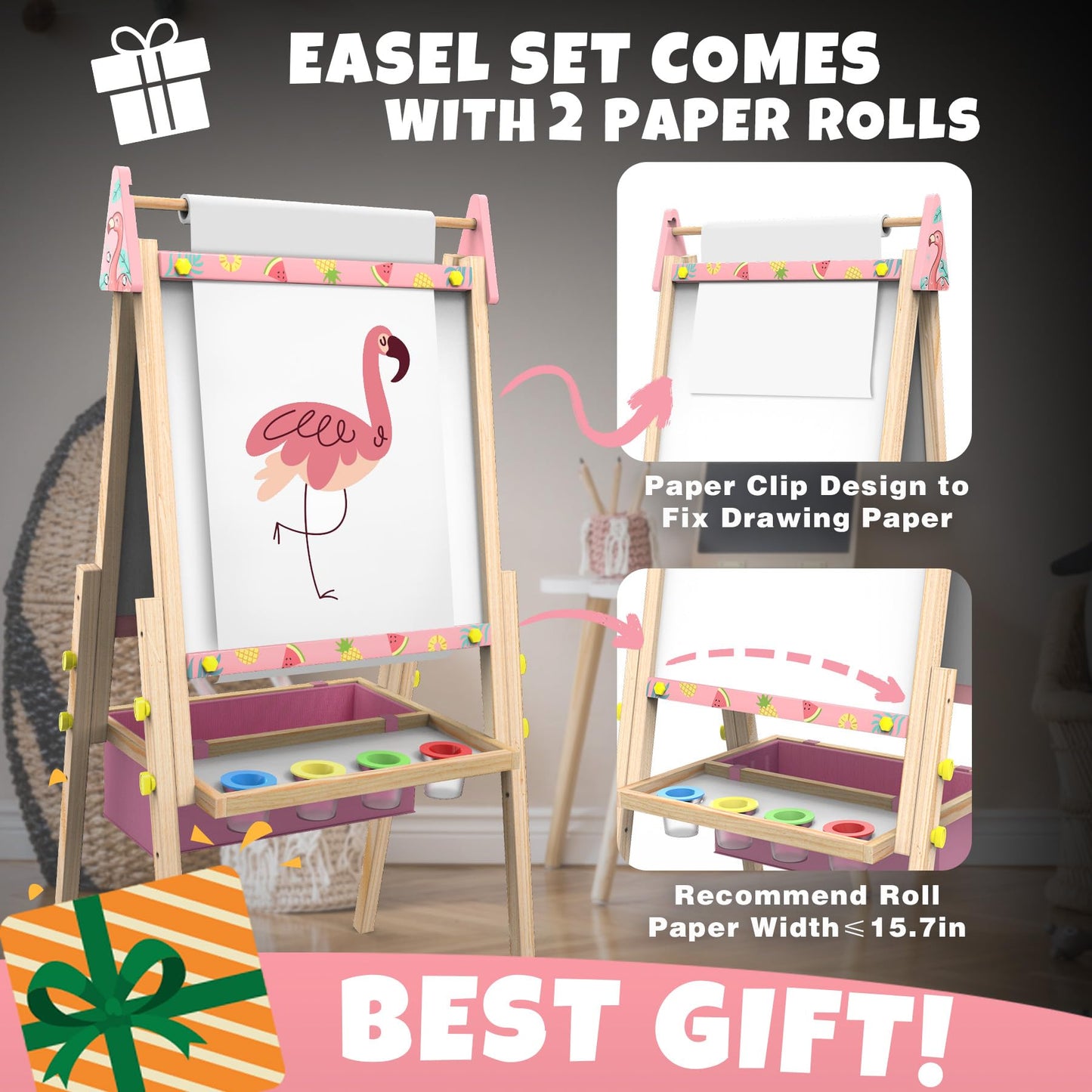 Joyooss Art Easel for Kids – Adjustable Wooden Easel with Whiteboard & Chalkboard