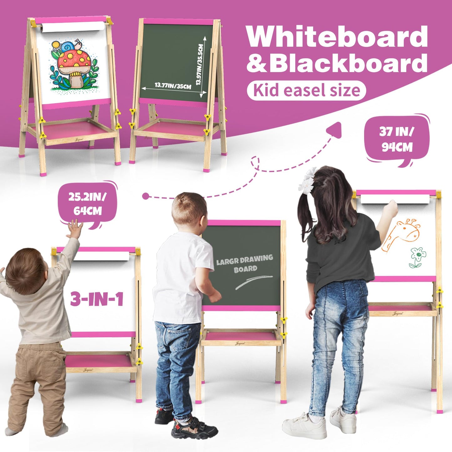 JOYOOSS Art Easel for Kids – Adjustable 3-in-1 Wooden Magnetic Board with Paper Roll