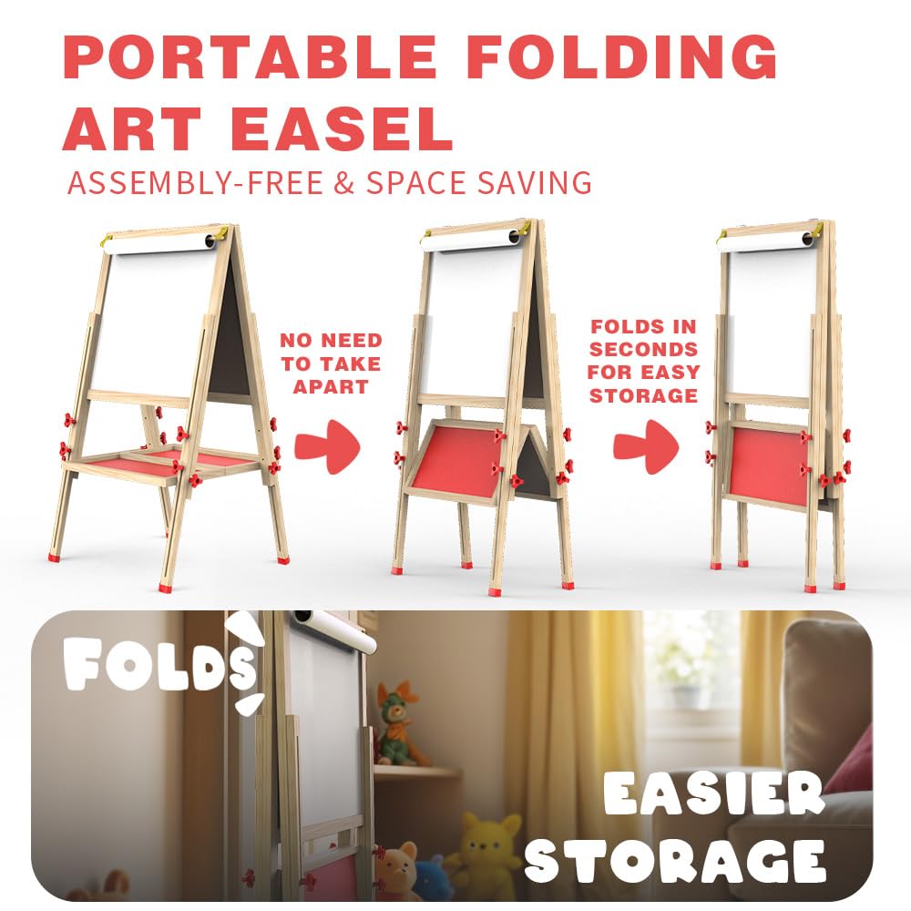 Joyooss Art Easel for Kids – Foldable, Double-Sided Magnetic Whiteboard & Chalkboard with Adjustable Height