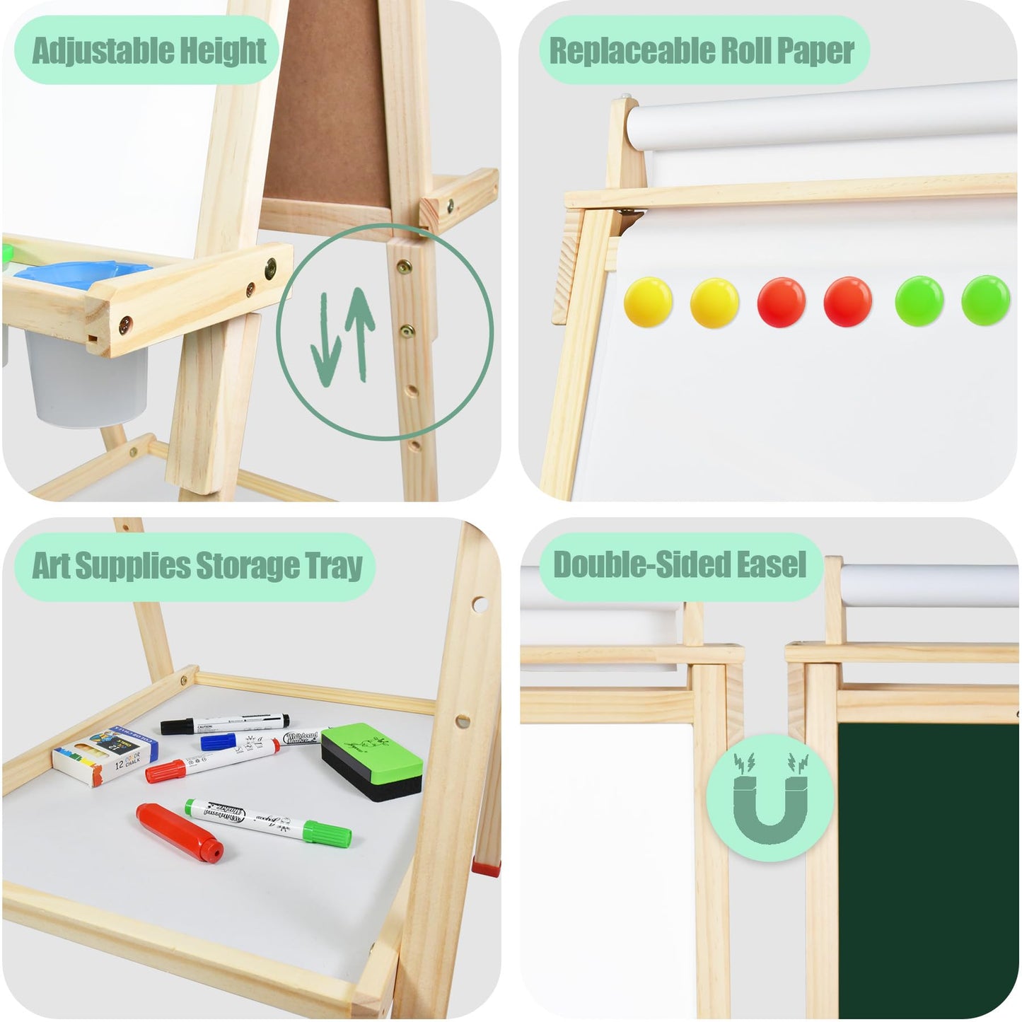 Joyooss 3-in-1 Wooden Kids Easel | Magnetic Whiteboard, Chalkboard & Paper Roll