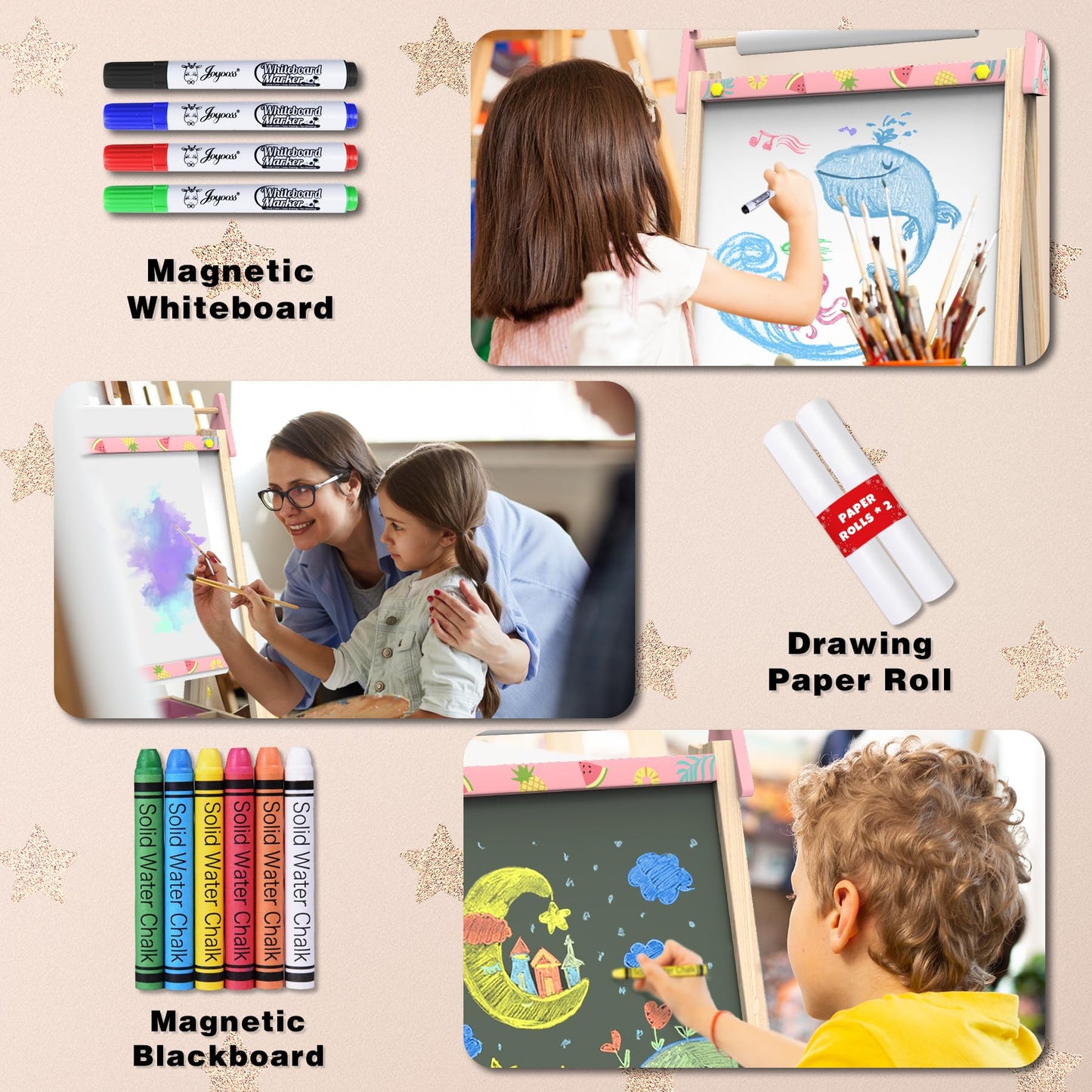 Joyooss Art Easel for Kids – Adjustable Wooden Easel with Whiteboard & Chalkboard