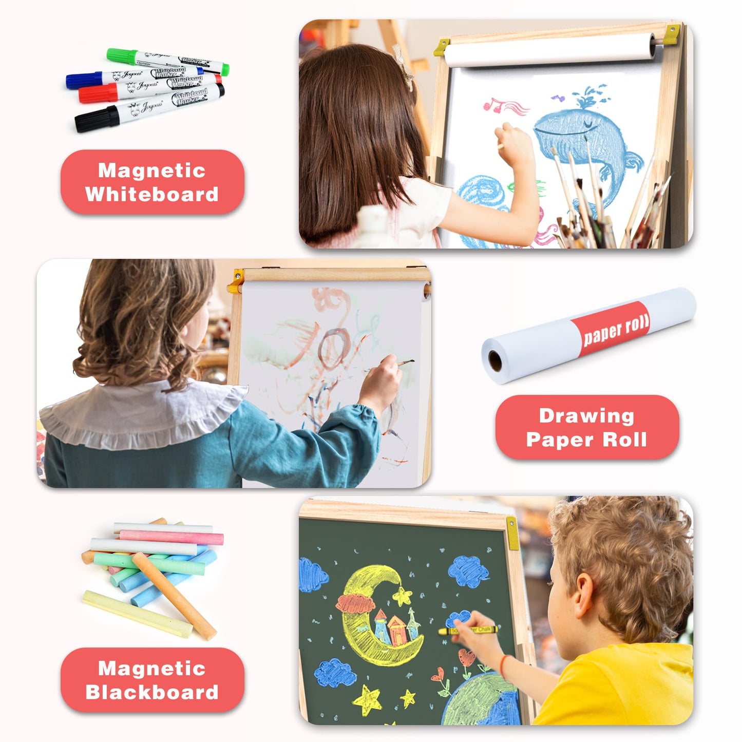 Joyooss Art Easel for Kids – Foldable, Double-Sided Magnetic Whiteboard & Chalkboard with Adjustable Height