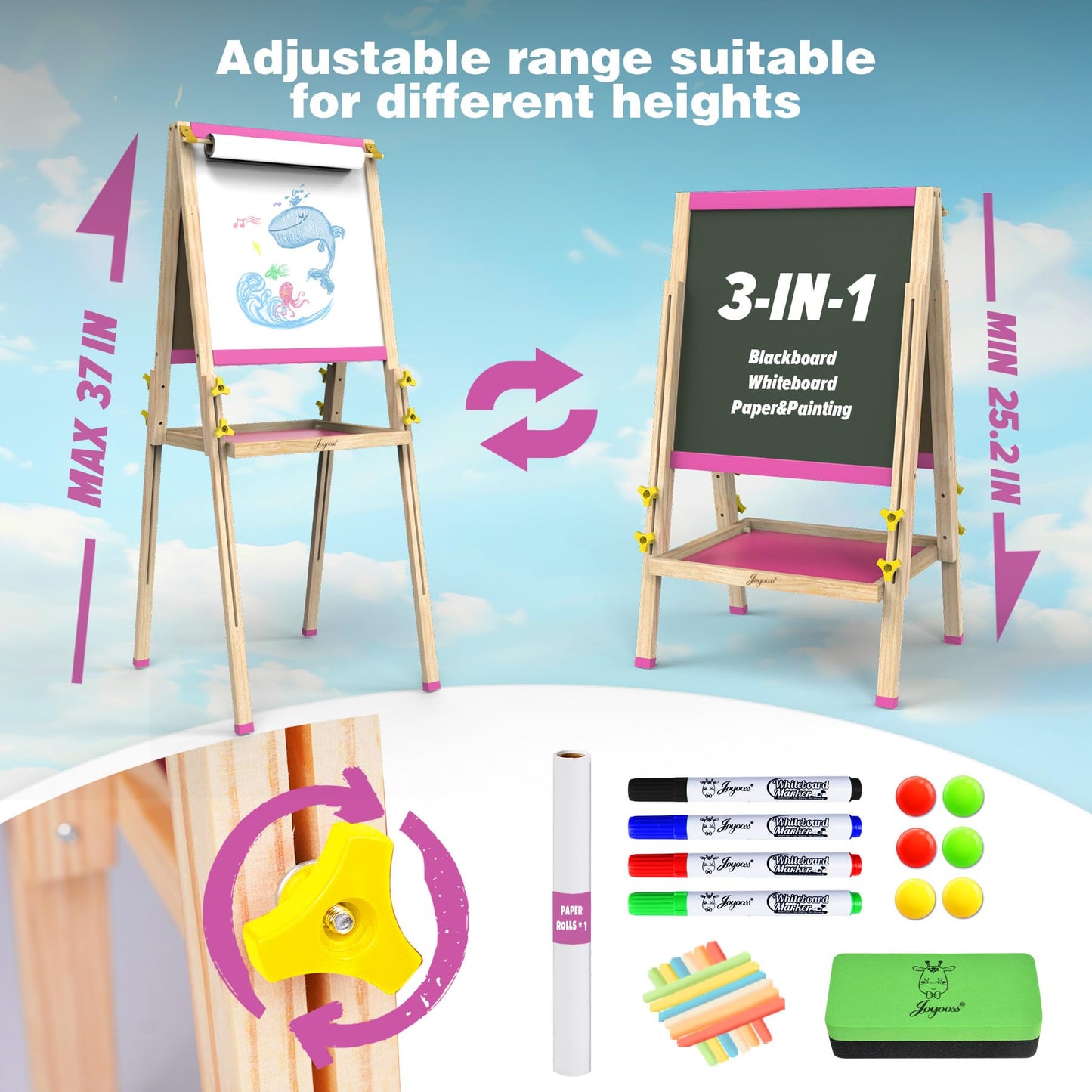 JOYOOSS Art Easel for Kids – Adjustable 3-in-1 Wooden Magnetic Board with Paper Roll