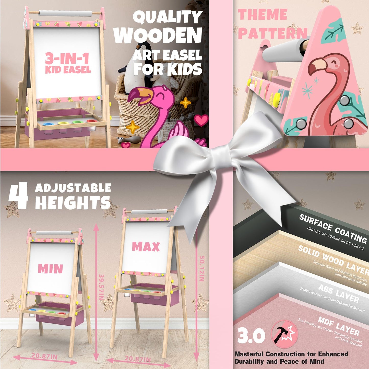 Joyooss Art Easel for Kids – Adjustable Wooden Easel with Whiteboard & Chalkboard