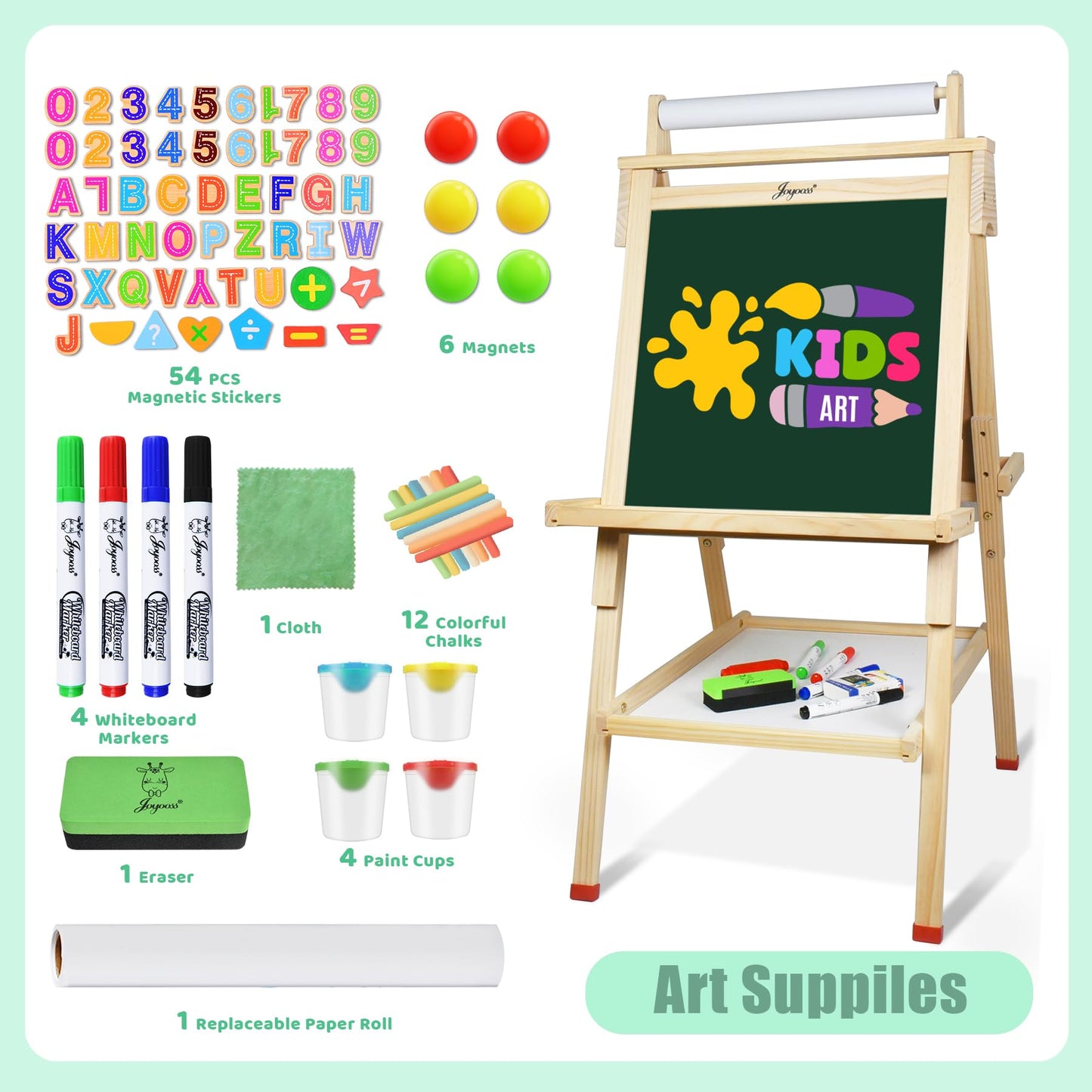 Joyooss 3-in-1 Wooden Kids Easel | Magnetic Whiteboard, Chalkboard & Paper Roll