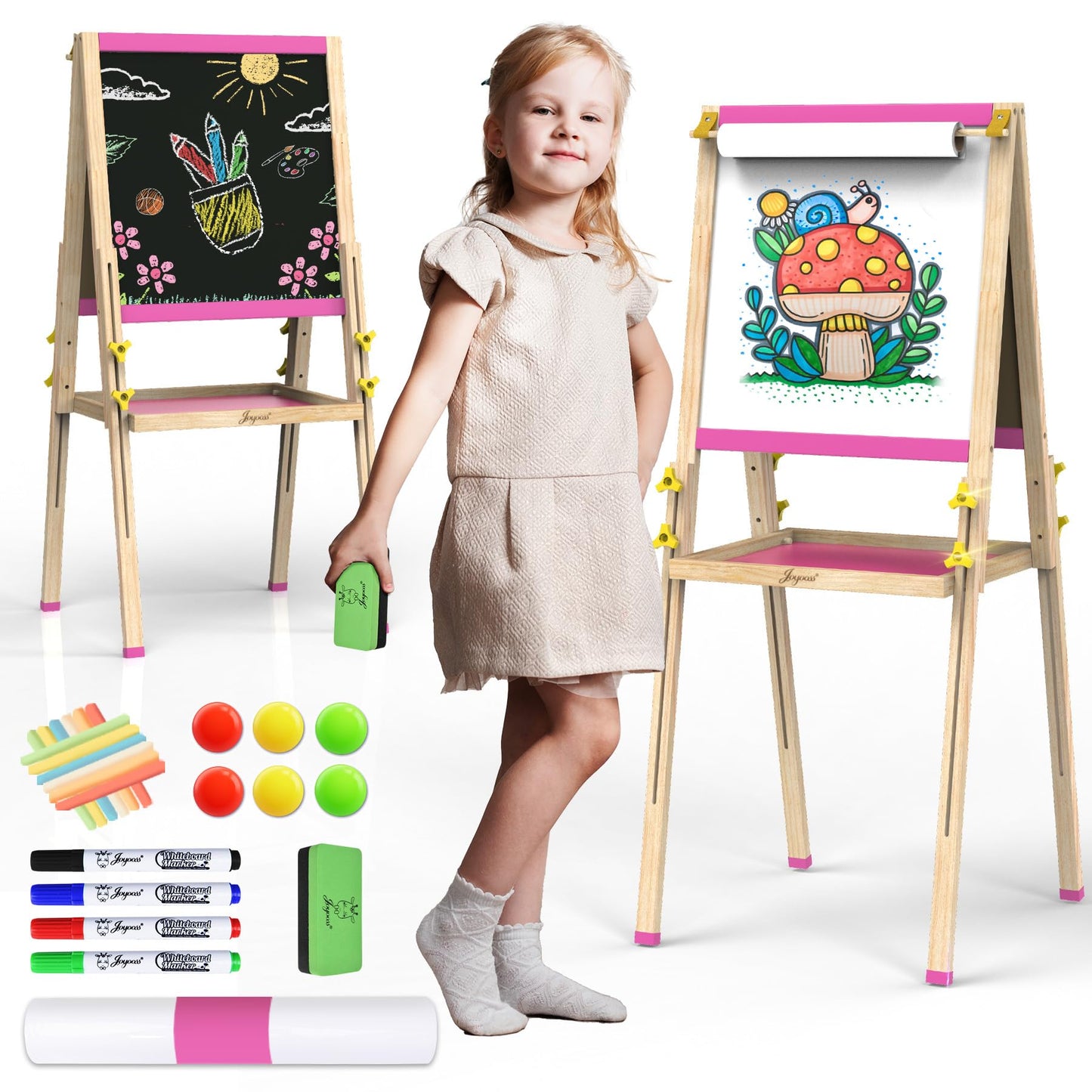 JOYOOSS Art Easel for Kids – Adjustable 3-in-1 Wooden Magnetic Board with Paper Roll
