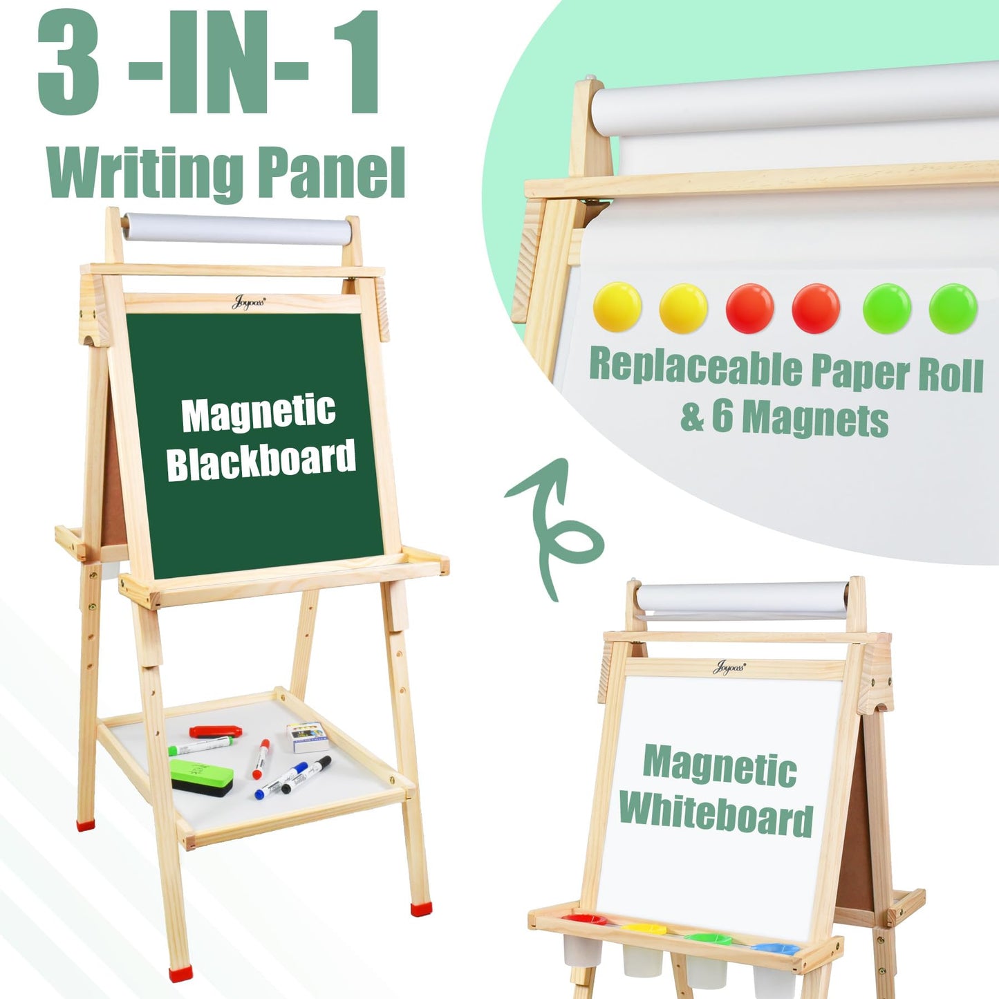 Joyooss 3-in-1 Wooden Kids Easel | Magnetic Whiteboard, Chalkboard & Paper Roll