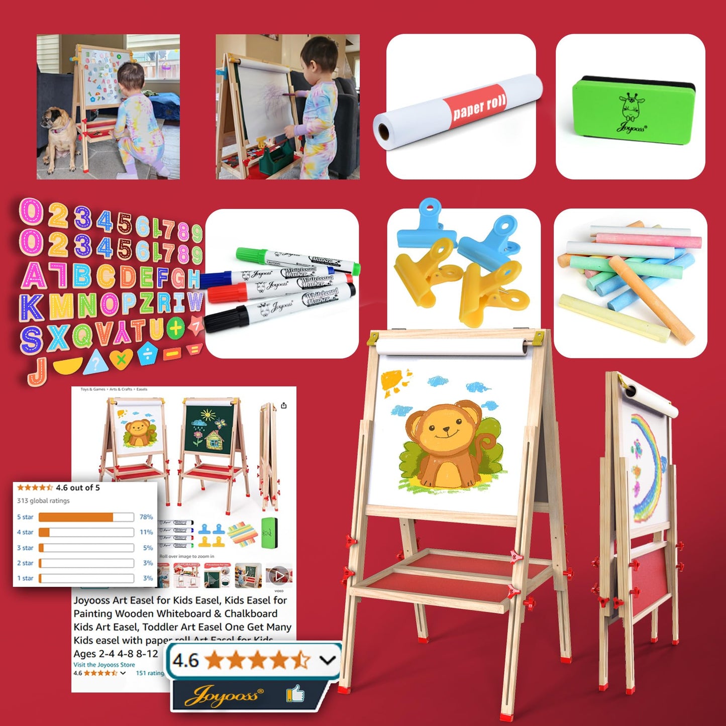 Joyooss Art Easel for Kids – Foldable, Double-Sided Magnetic Whiteboard & Chalkboard with Adjustable Height