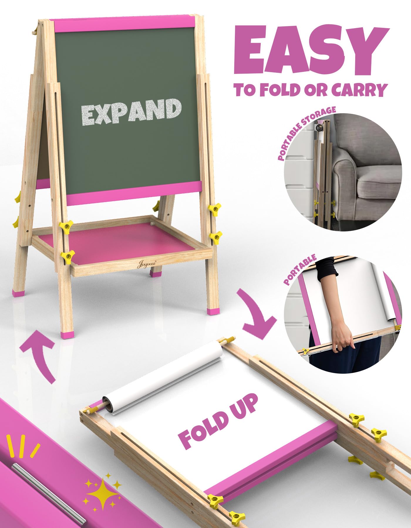 JOYOOSS Art Easel for Kids – Adjustable 3-in-1 Wooden Magnetic Board with Paper Roll