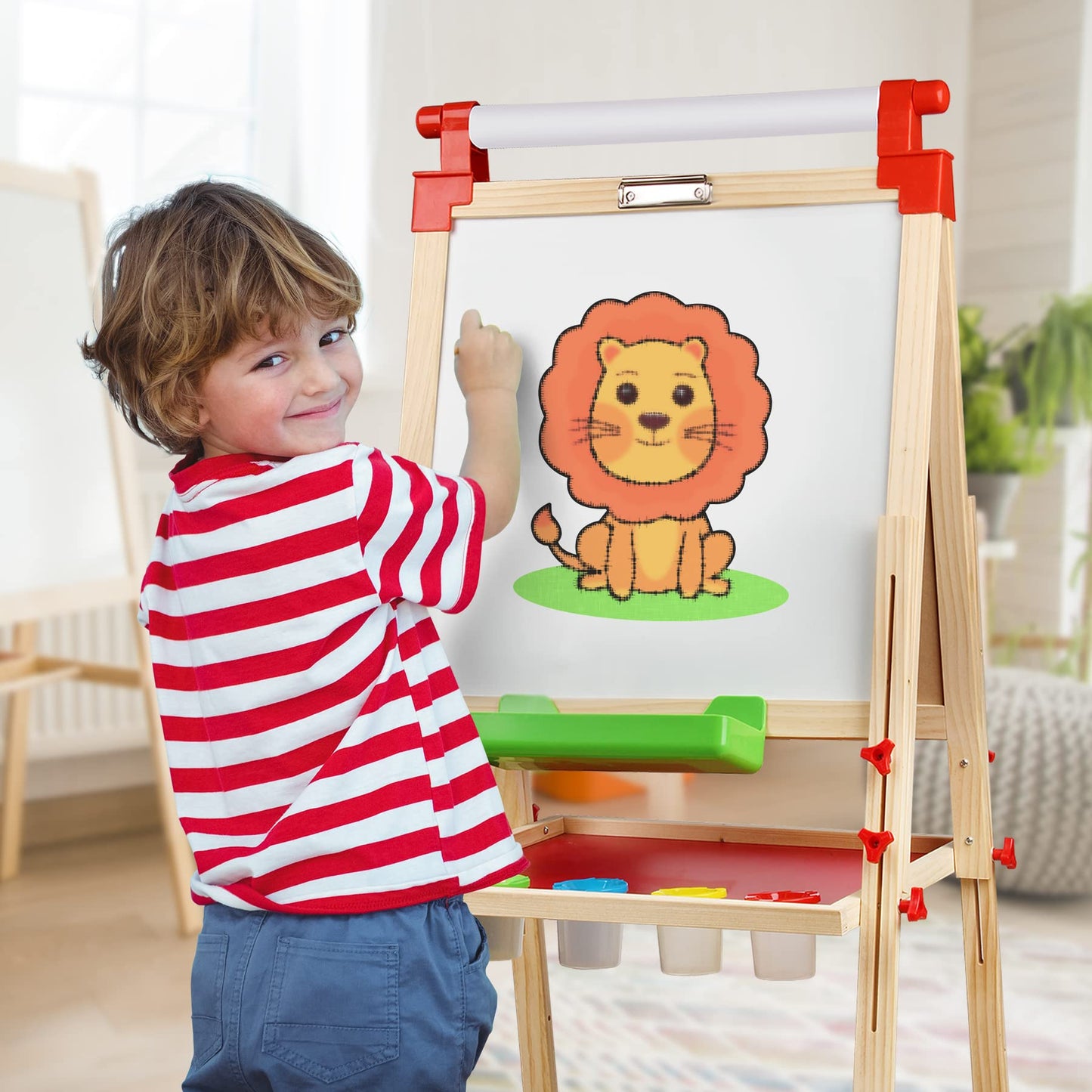 JOYOOSS Kids Wooden Easel – Adjustable Magnetic Double-Sided Whiteboard & Chalkboard (3–12 yrs)