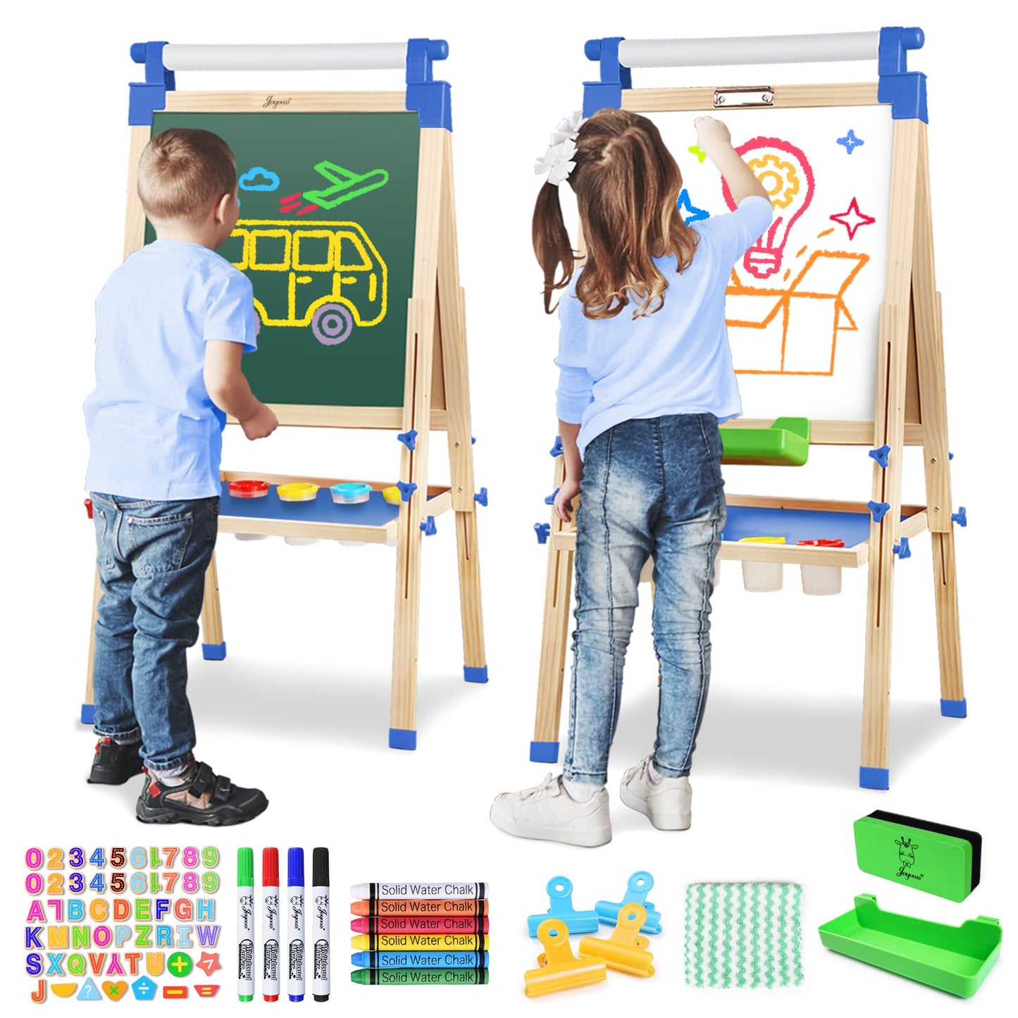 JOYOOSS Adjustable Wooden Kids Easel — Magnetic Double-Sided Board (Blue) | 38 to 51 inches