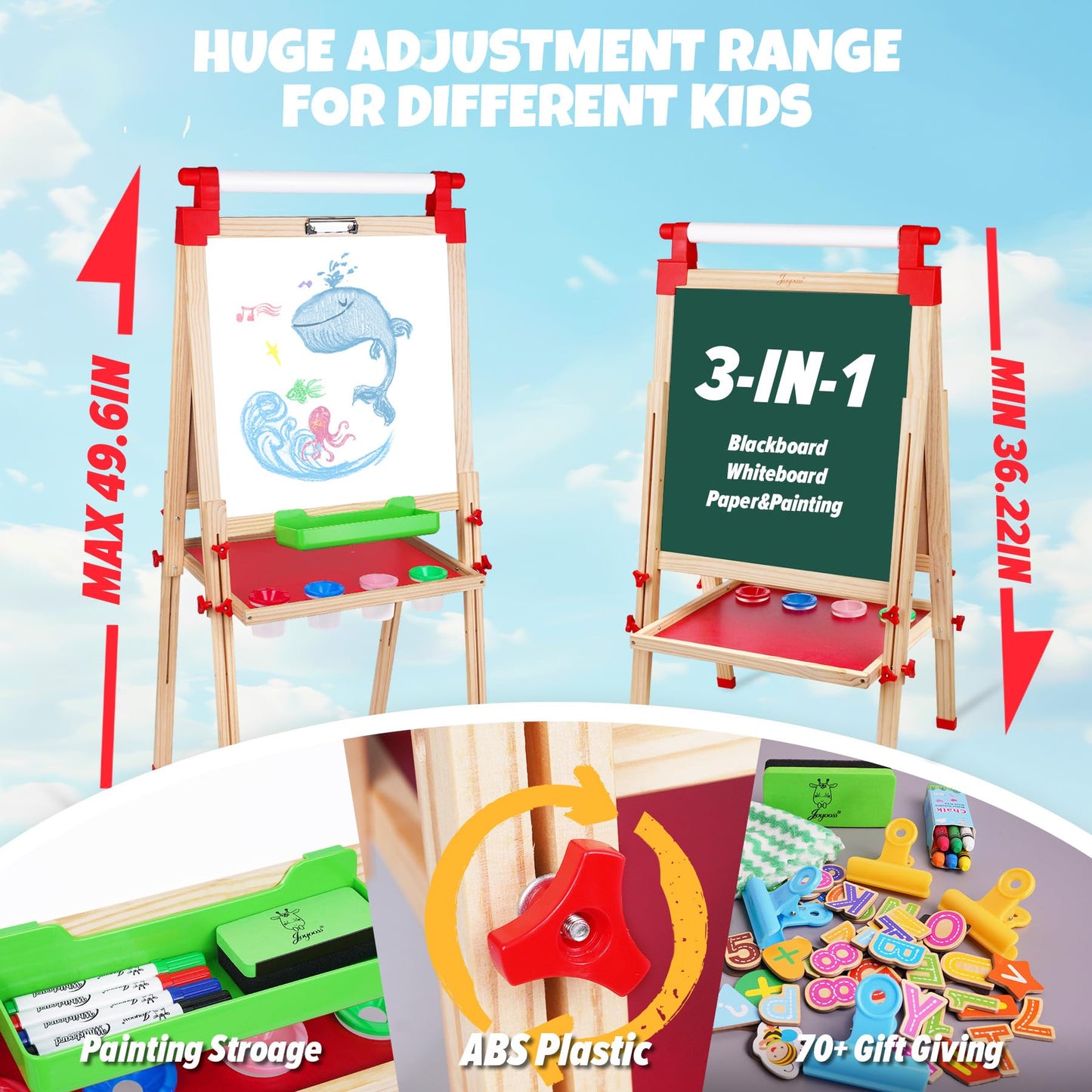 JOYOOSS Kids Wooden Easel – Adjustable Magnetic Double-Sided Whiteboard & Chalkboard (3–12 yrs)