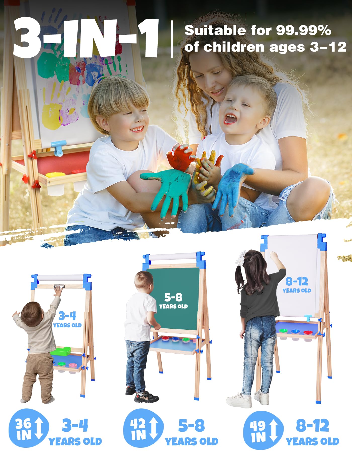 JOYOOSS Adjustable Wooden Kids Easel — Magnetic Double-Sided Board (Blue) | 38 to 51 inches