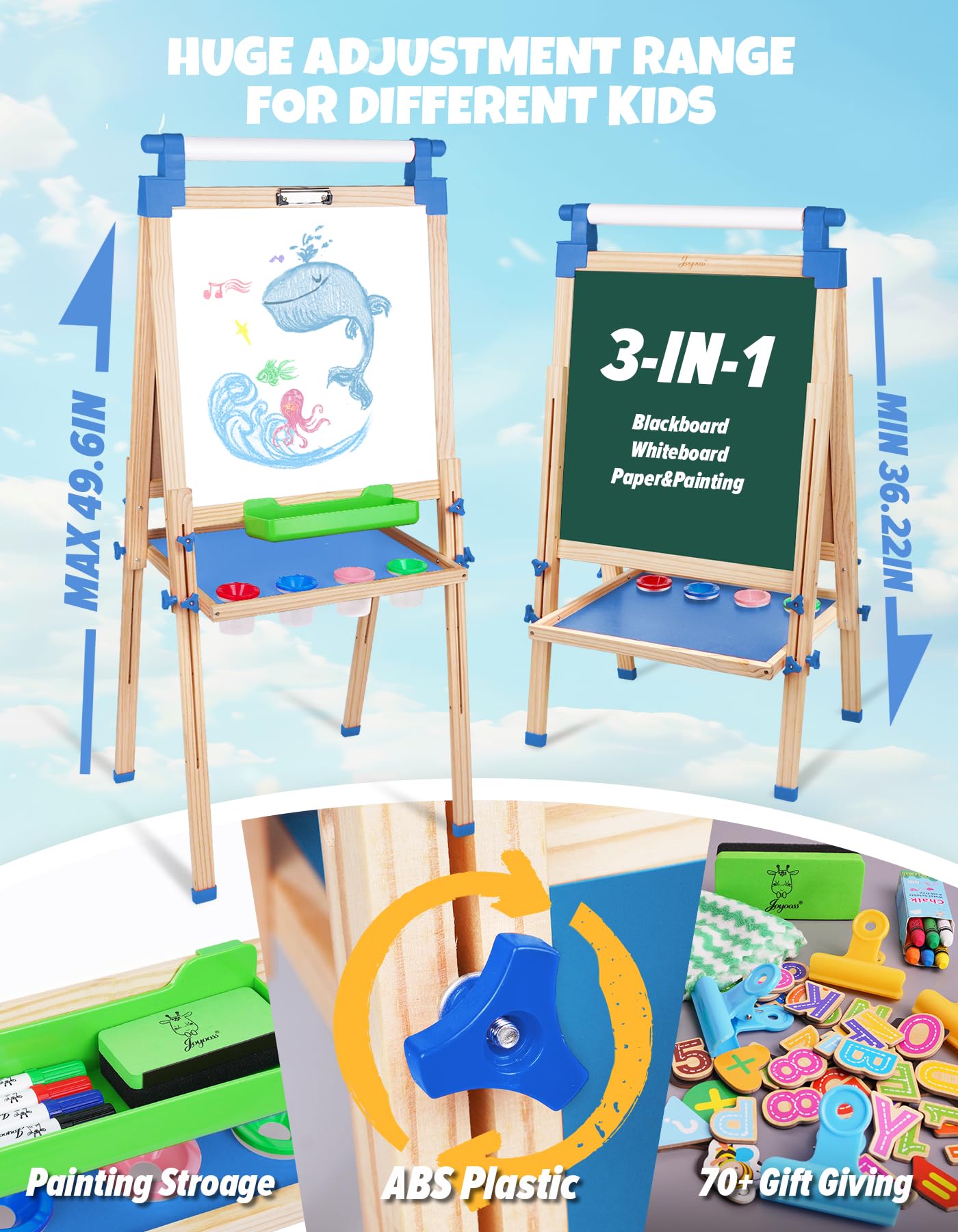 JOYOOSS Adjustable Wooden Kids Easel — Magnetic Double-Sided Board (Blue) | 38 to 51 inches