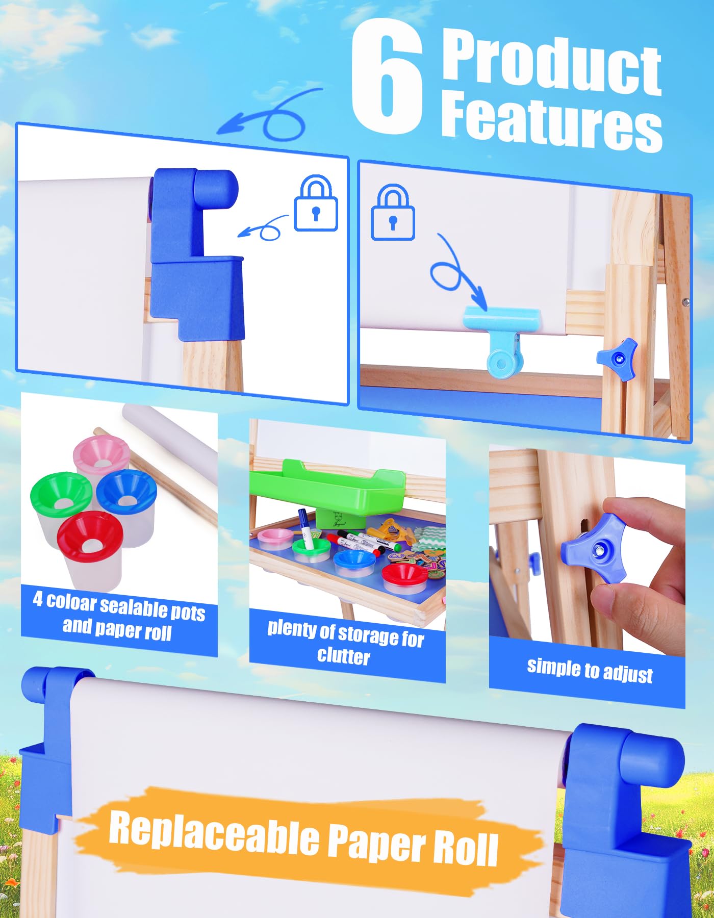 JOYOOSS Adjustable Wooden Kids Easel — Magnetic Double-Sided Board (Blue) | 38 to 51 inches