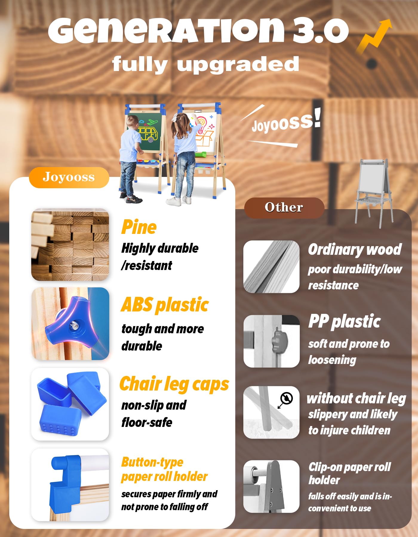 JOYOOSS Adjustable Wooden Kids Easel — Magnetic Double-Sided Board (Blue) | 38 to 51 inches