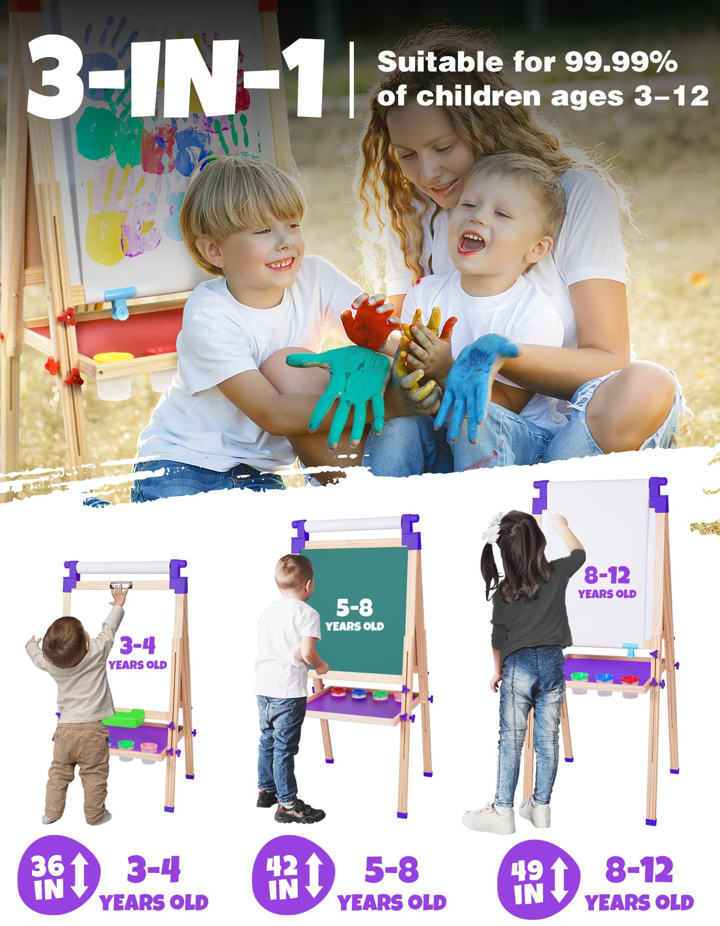 JOYOOSS Art Easel for Kids – Double-Sided Wooden Easel with Paper Roll, Adjustable Height