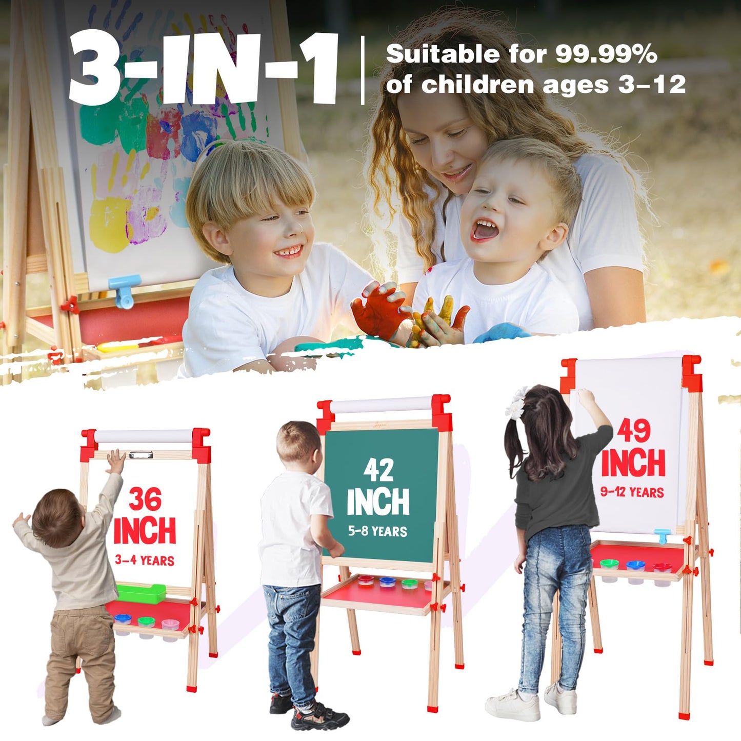 JOYOOSS Kids Wooden Easel – Adjustable Magnetic Double-Sided Whiteboard & Chalkboard (3–12 yrs)