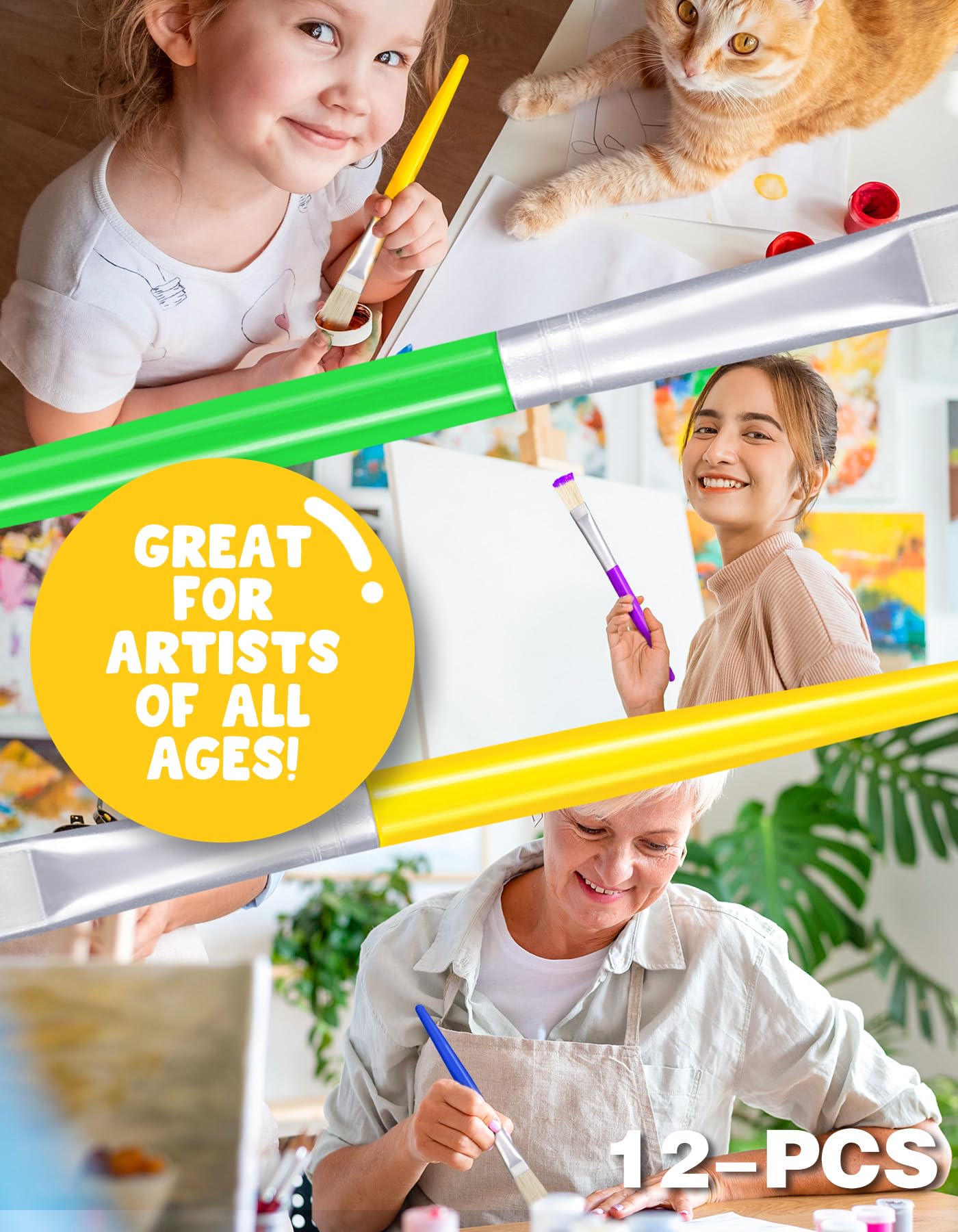Joyooss Kids Paint Brushes - 12pc Round & Flat Set, Washable, No-Shed Hog Bristle