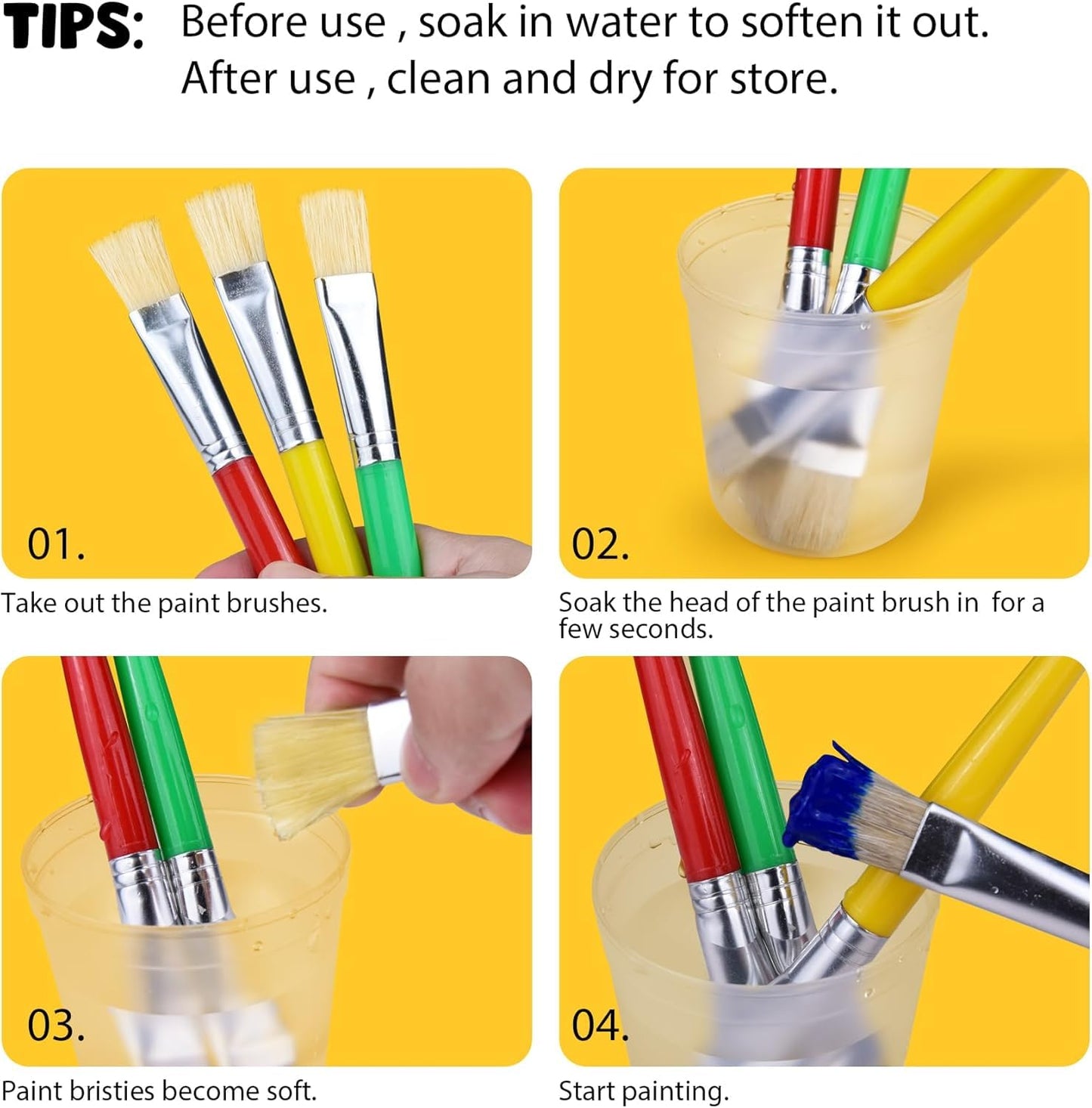 Joyooss Kids Paint Brushes - 12pc Round & Flat Set, Washable, No-Shed Hog Bristle