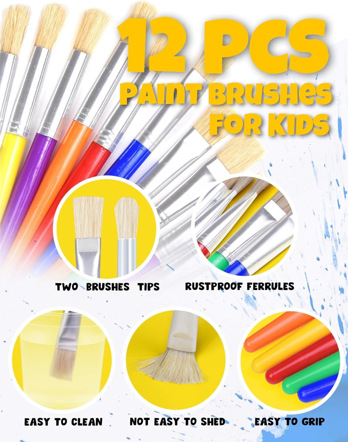 Joyooss Kids Paint Brushes - 12pc Round & Flat Set, Washable, No-Shed Hog Bristle
