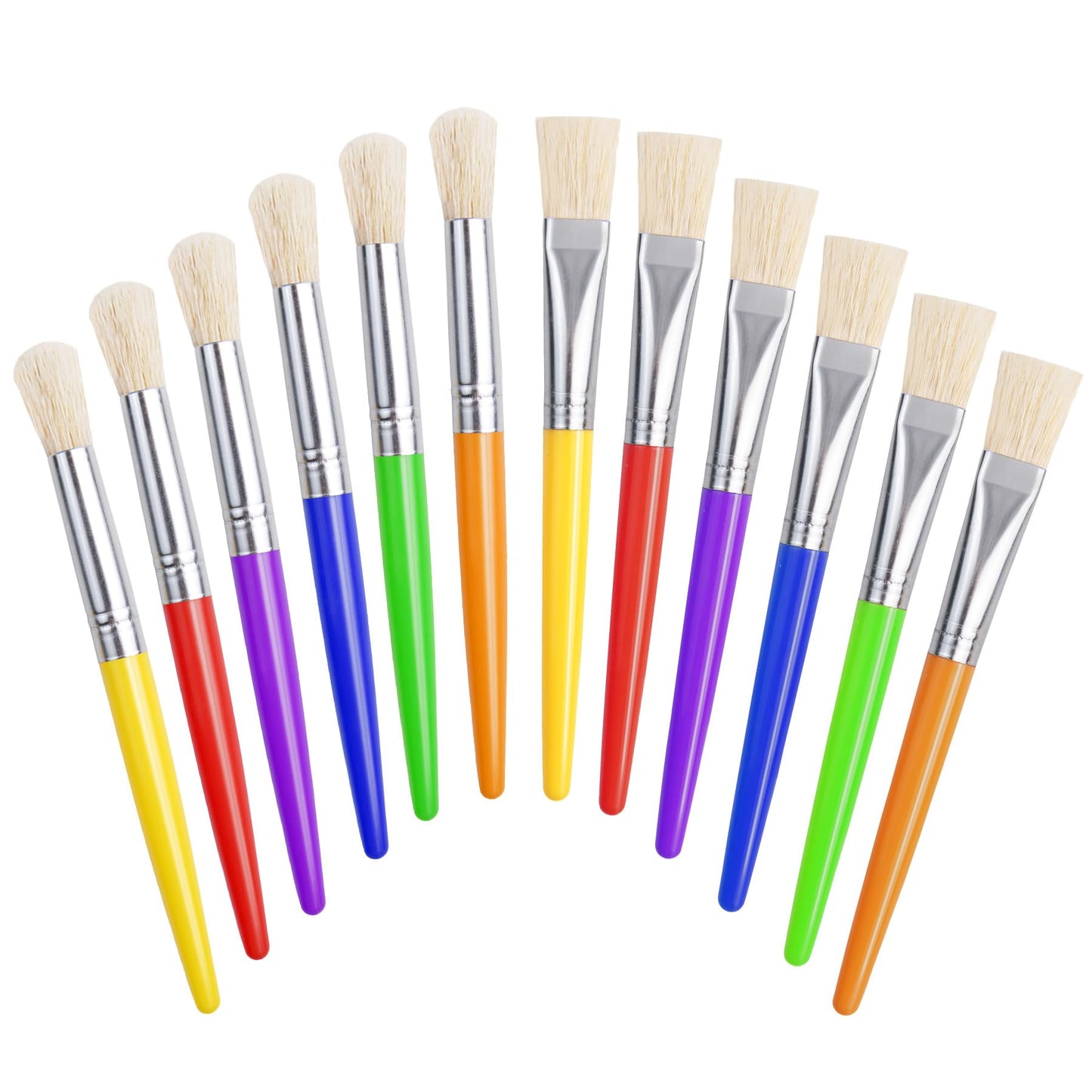 Joyooss Kids Paint Brushes - 12pc Round & Flat Set, Washable, No-Shed Hog Bristle