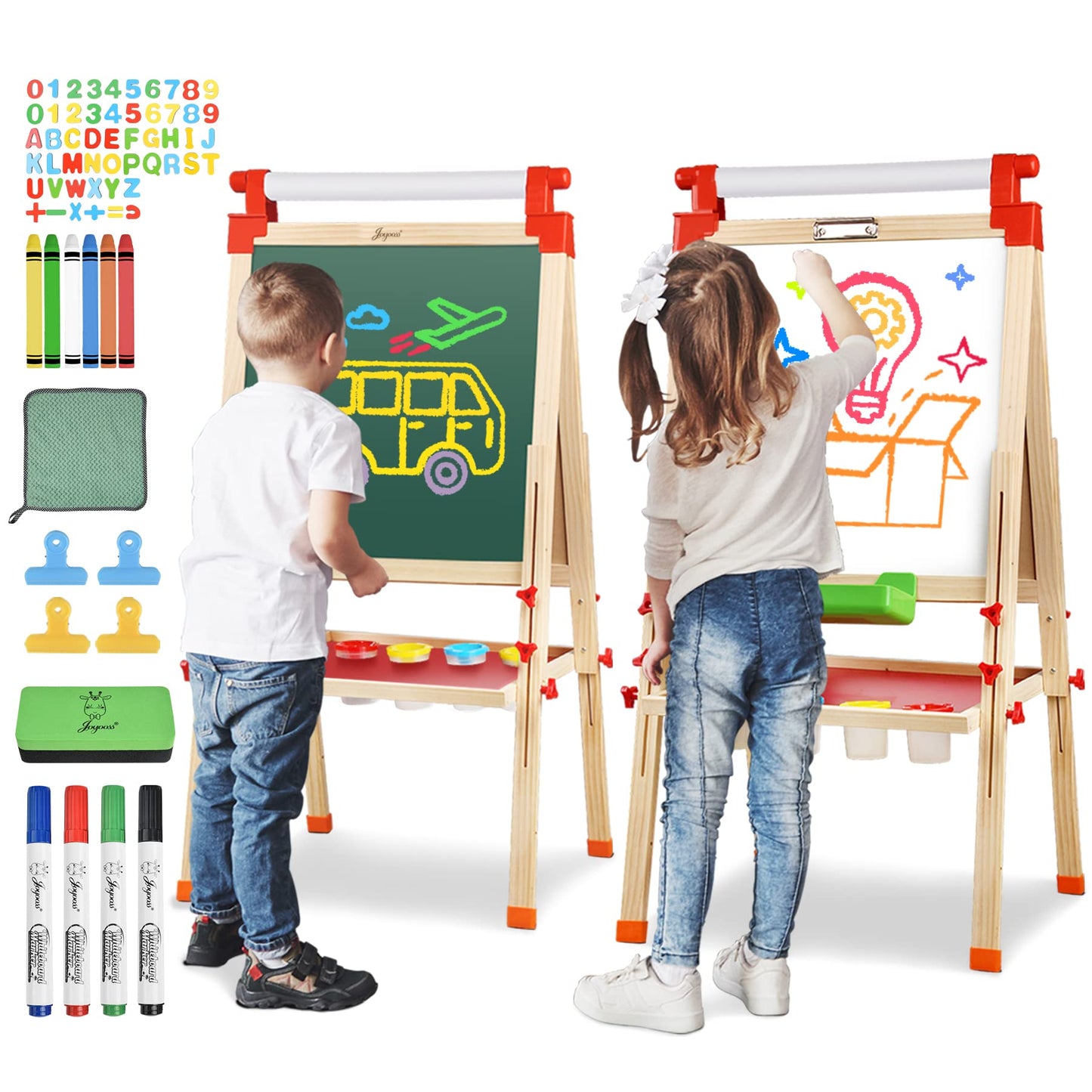 JOYOOSS Kids Wooden Easel – Adjustable Magnetic Double-Sided Whiteboard & Chalkboard (3–12 yrs)