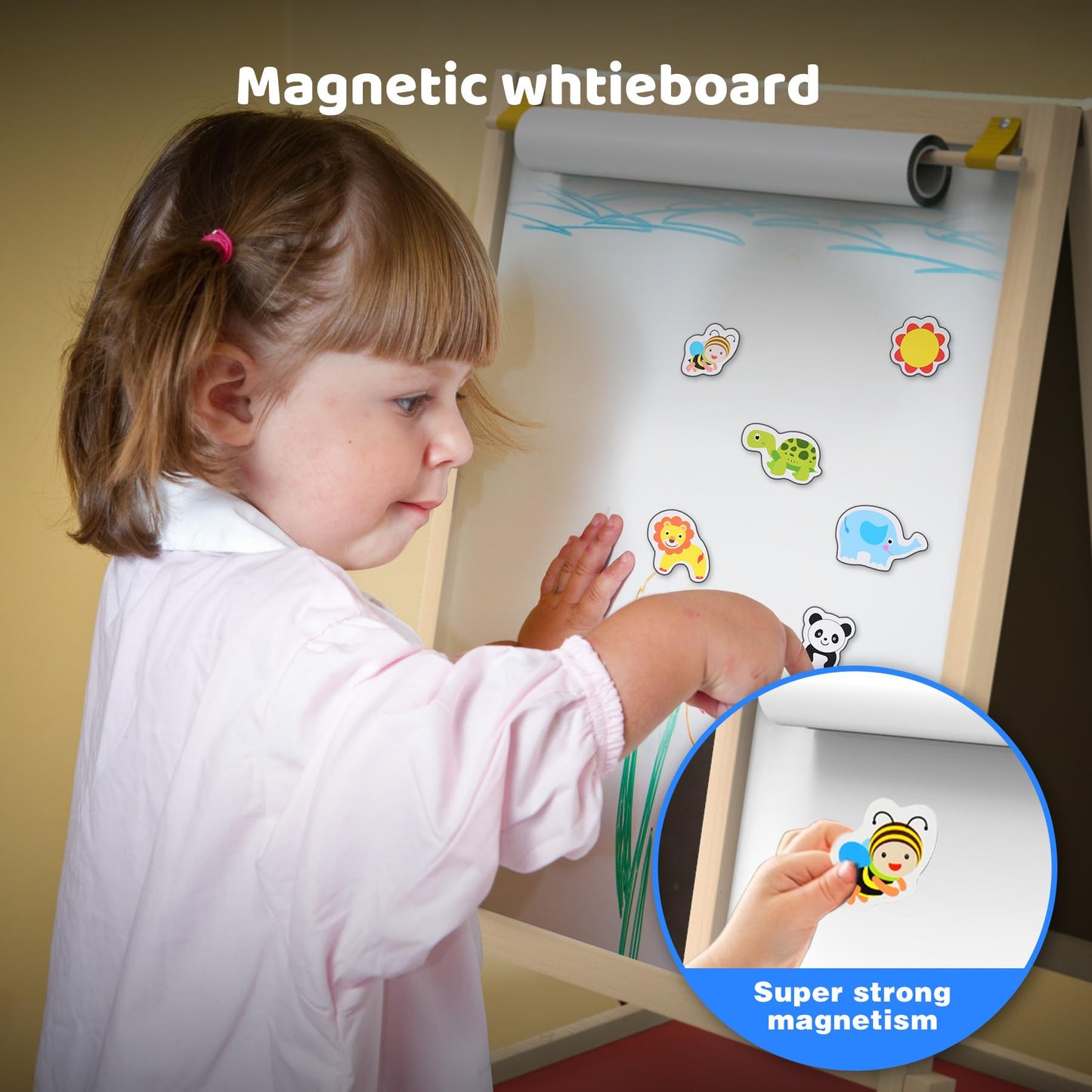 JOYOOSS LCD Easel for Kids – Double-Sided Wooden Board with Glow LCD Screen, Magnetic Whiteboard & Paper Roll
