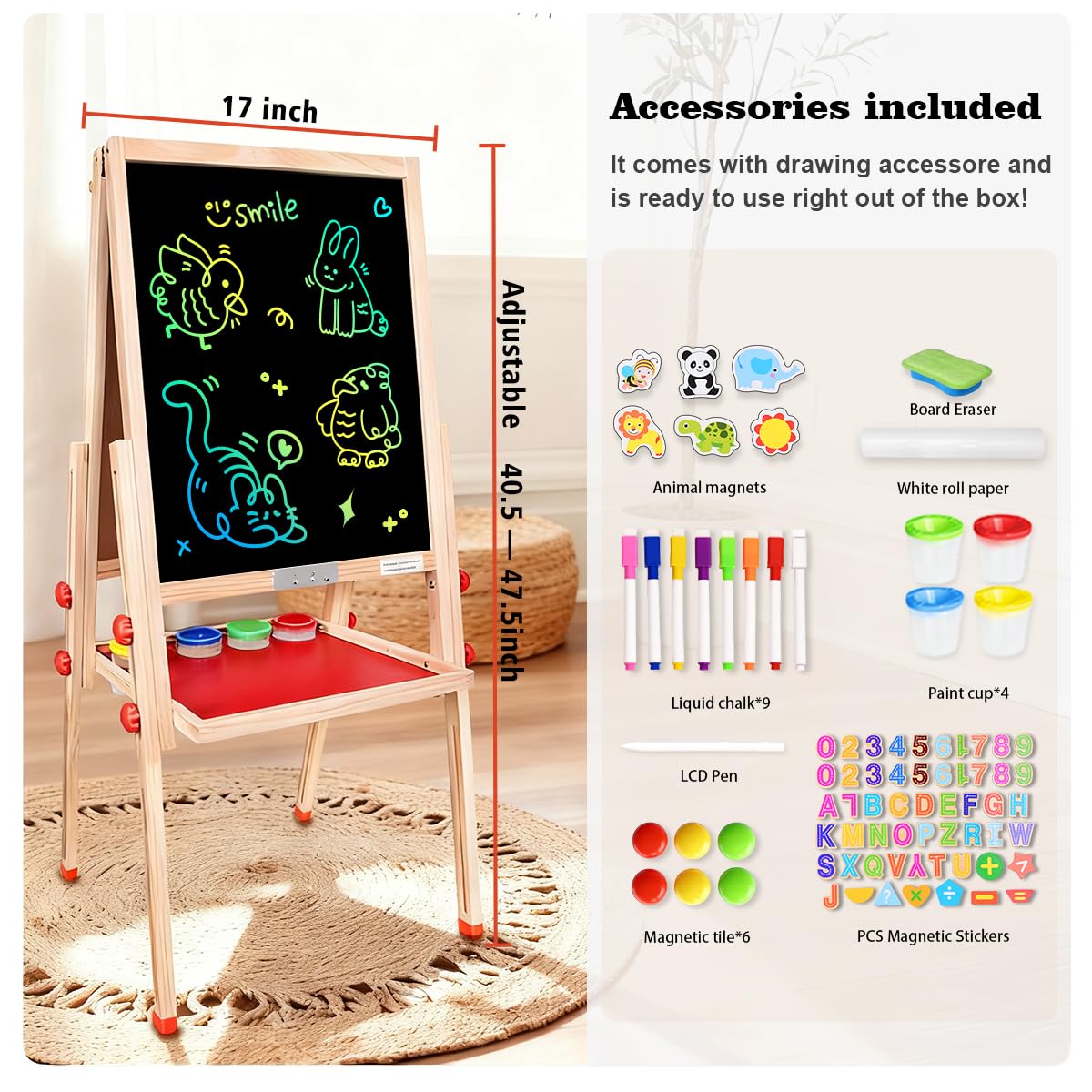 JOYOOSS LCD Easel for Kids – Double-Sided Wooden Board with Glow LCD Screen, Magnetic Whiteboard & Paper Roll