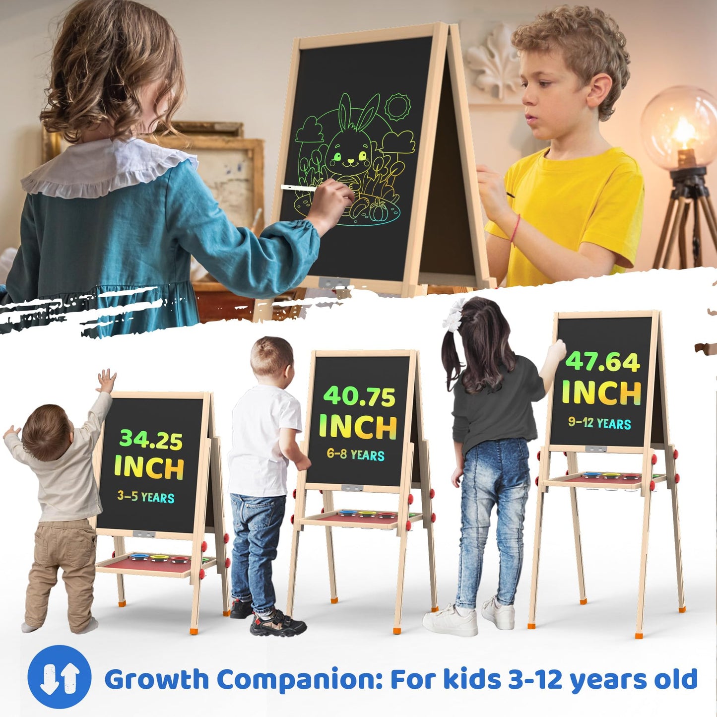 JOYOOSS LCD Easel for Kids – Double-Sided Wooden Board with Glow LCD Screen, Magnetic Whiteboard & Paper Roll