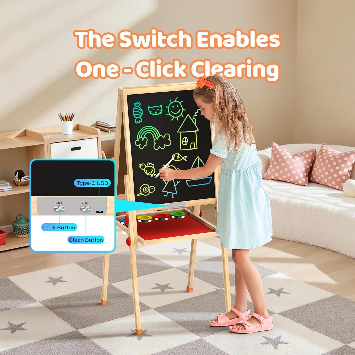 JOYOOSS LCD Easel for Kids – Double-Sided Wooden Board with Glow LCD Screen, Magnetic Whiteboard & Paper Roll