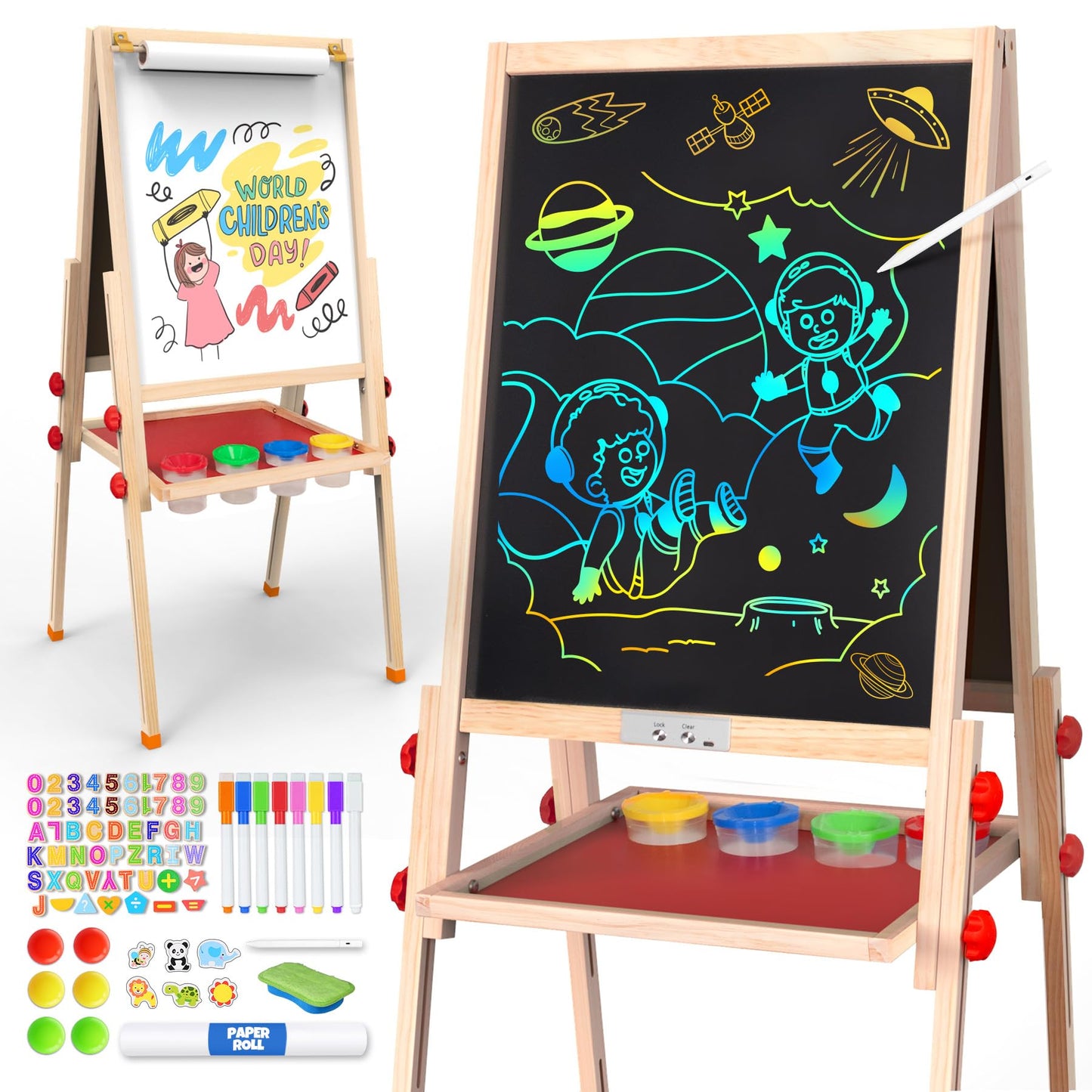 JOYOOSS LCD Easel for Kids – Double-Sided Wooden Board with Glow LCD Screen, Magnetic Whiteboard & Paper Roll