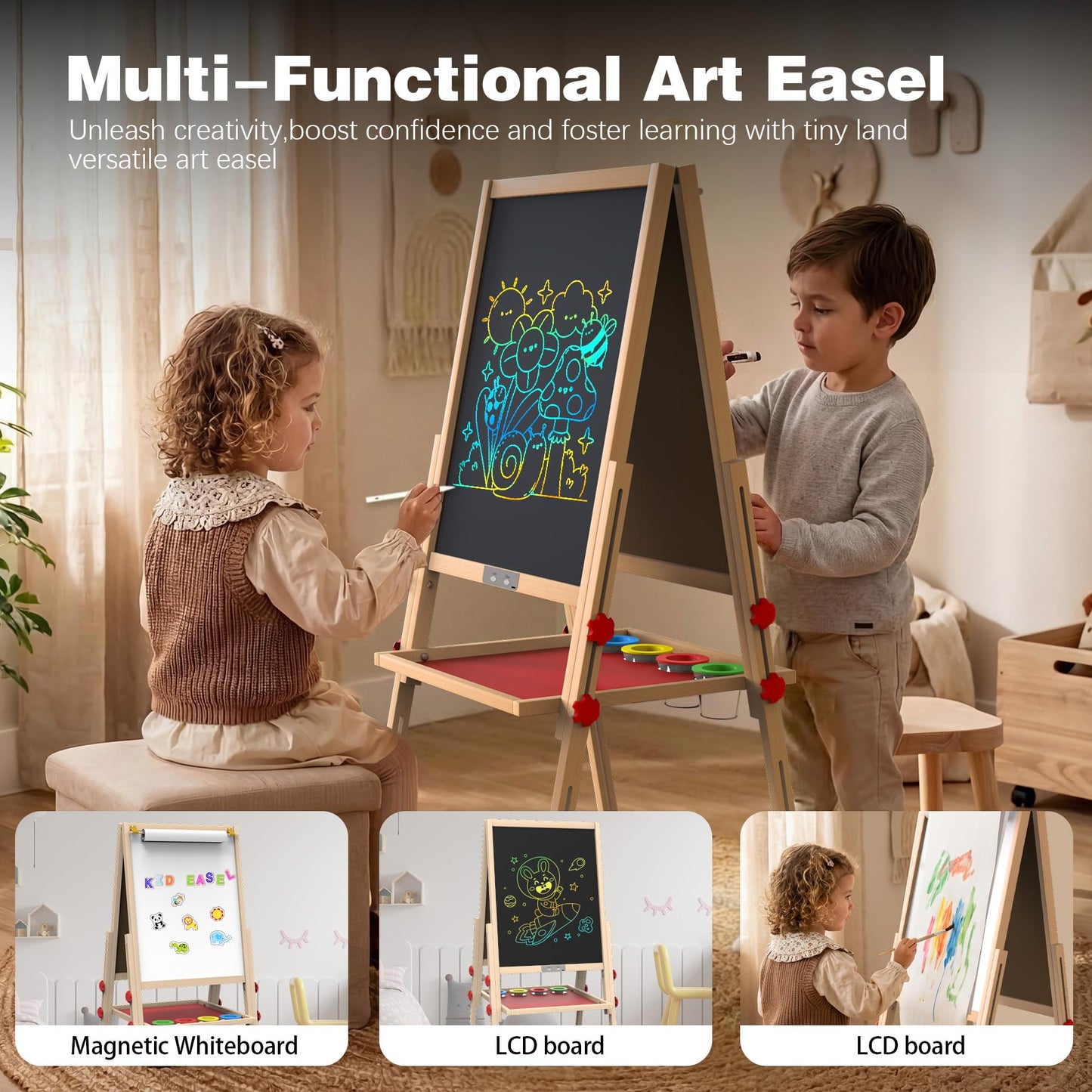 JOYOOSS LCD Easel for Kids – Double-Sided Wooden Board with Glow LCD Screen, Magnetic Whiteboard & Paper Roll