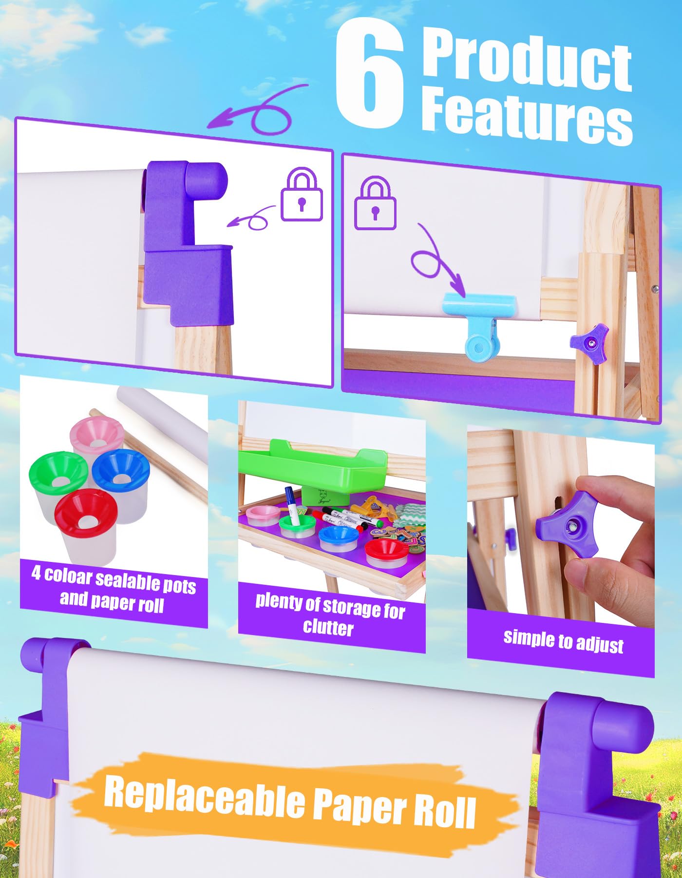 JOYOOSS Art Easel for Kids – Double-Sided Wooden Easel with Paper Roll, Adjustable Height