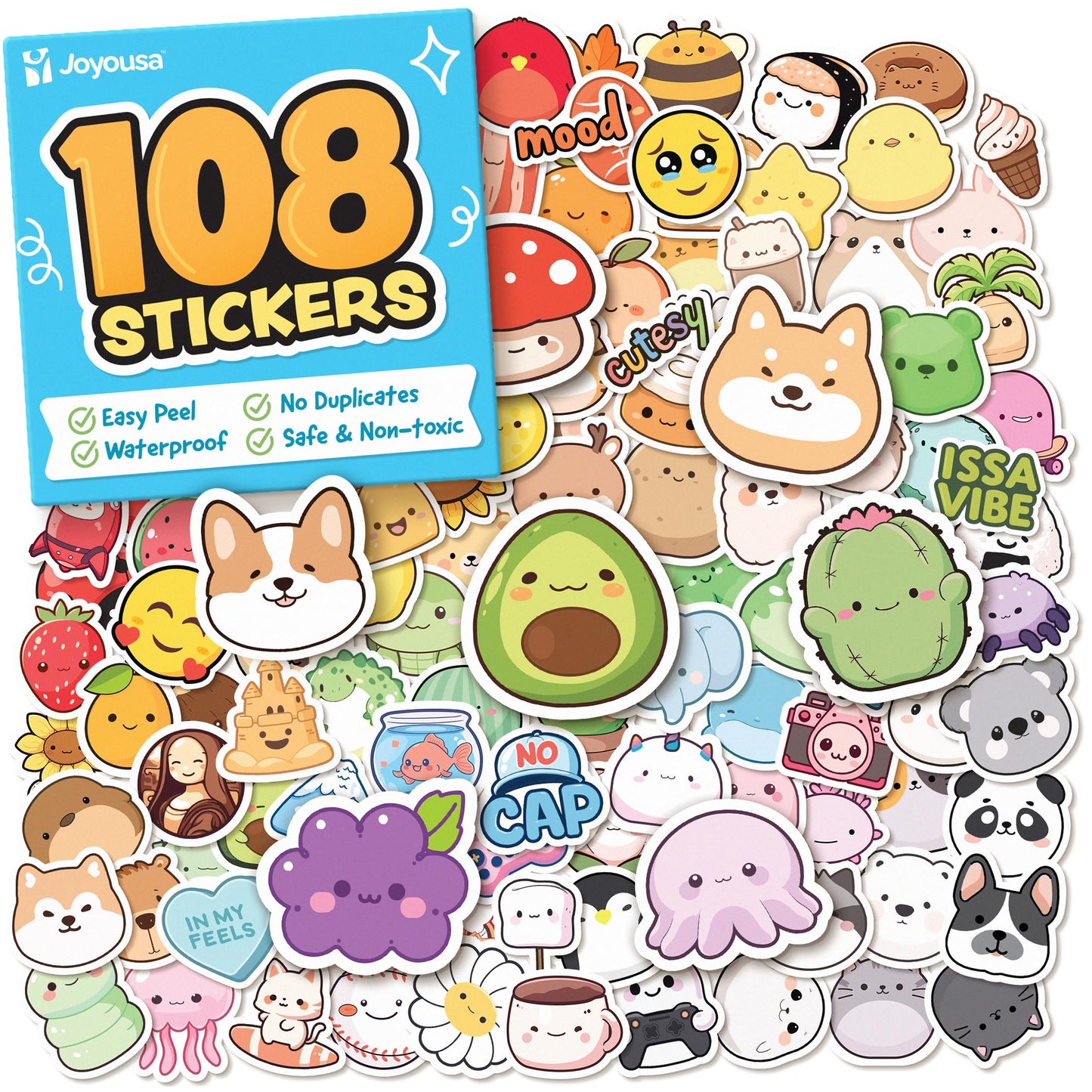 Joyousa Cute Stickers for Kids – 108pc Waterproof Kawaii Water Bottle Sticker Pack