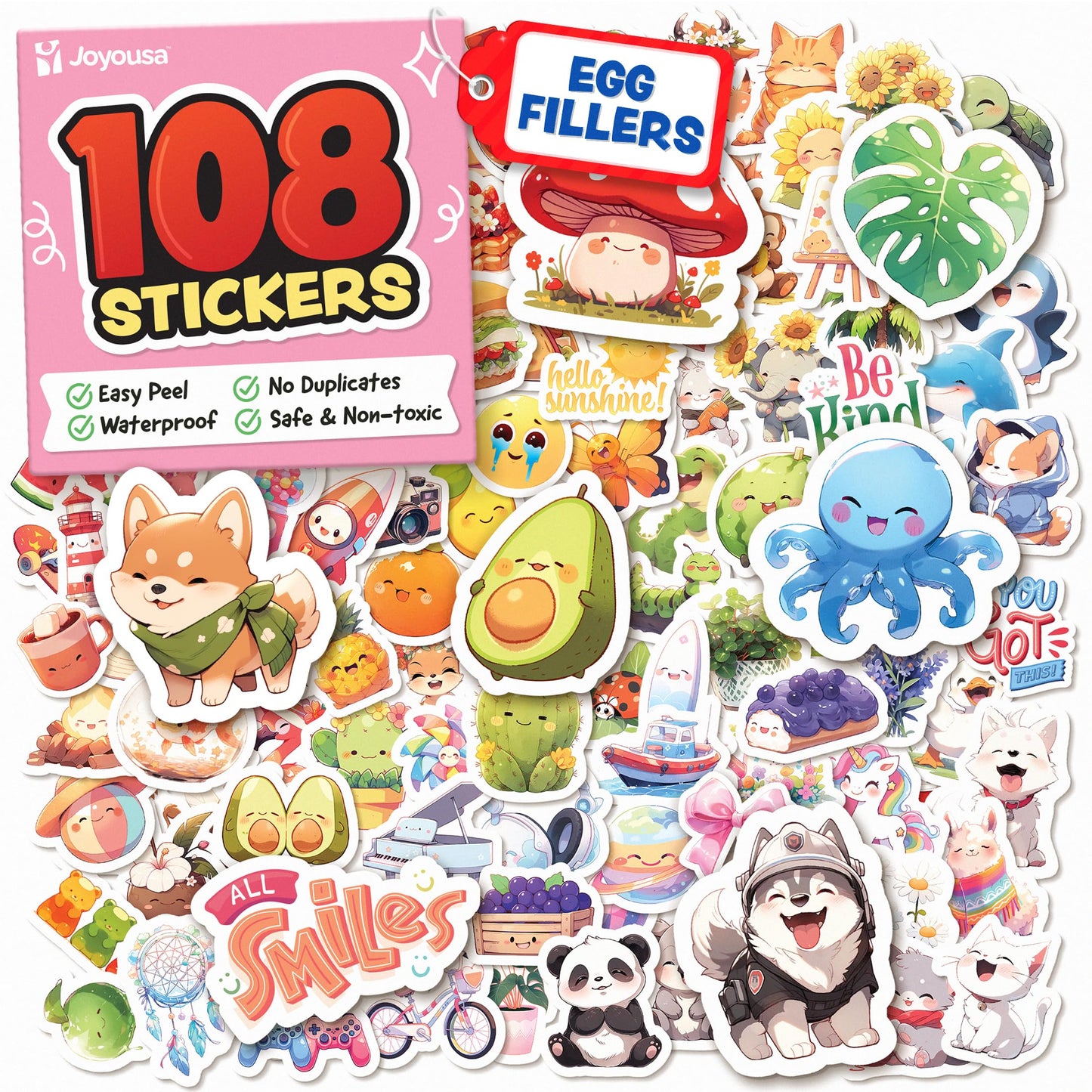 Joyousa Cute Stickers for Kids — 108pc Waterproof Kawaii Sticker Pack