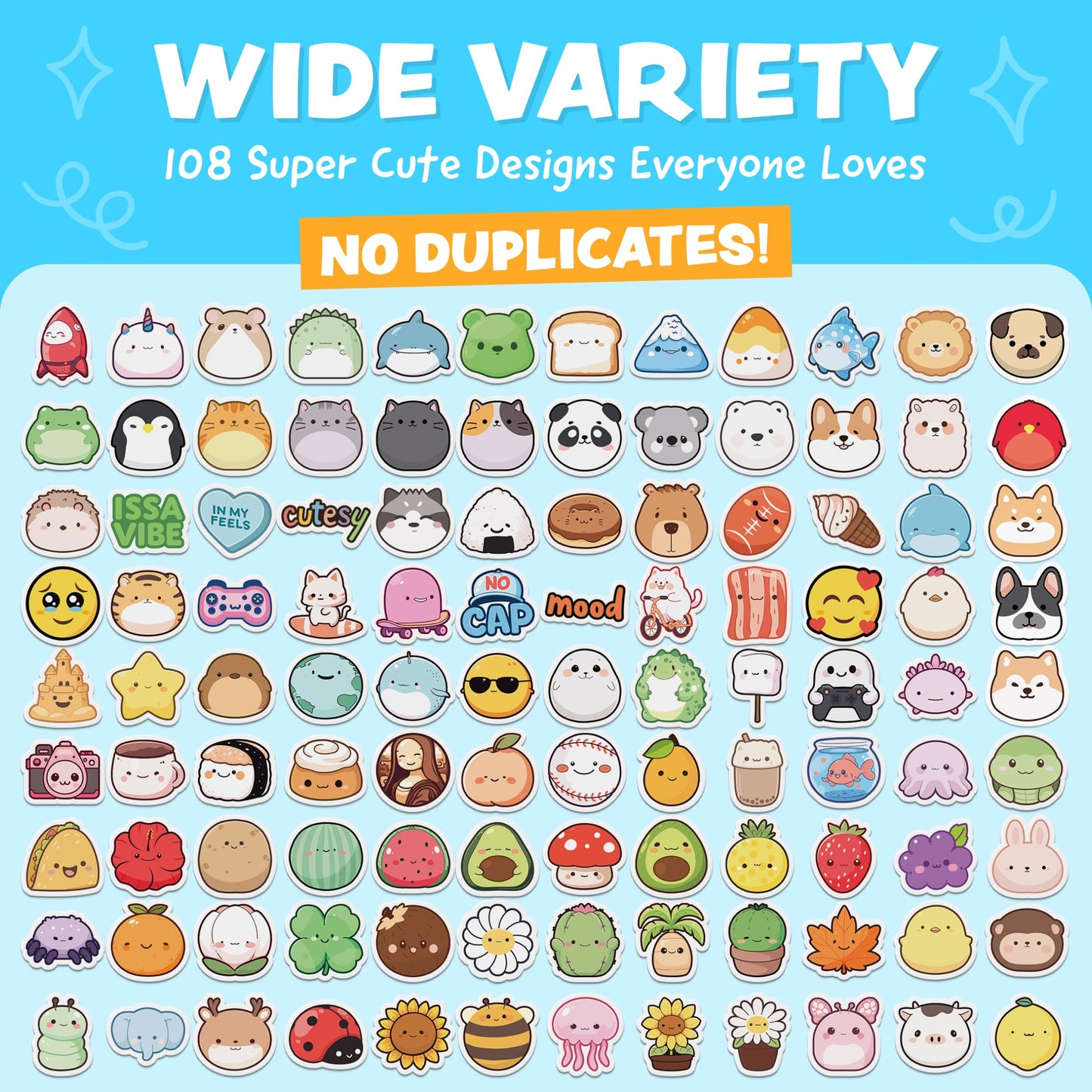Joyousa Cute Stickers for Kids – 108pc Waterproof Kawaii Water Bottle Sticker Pack