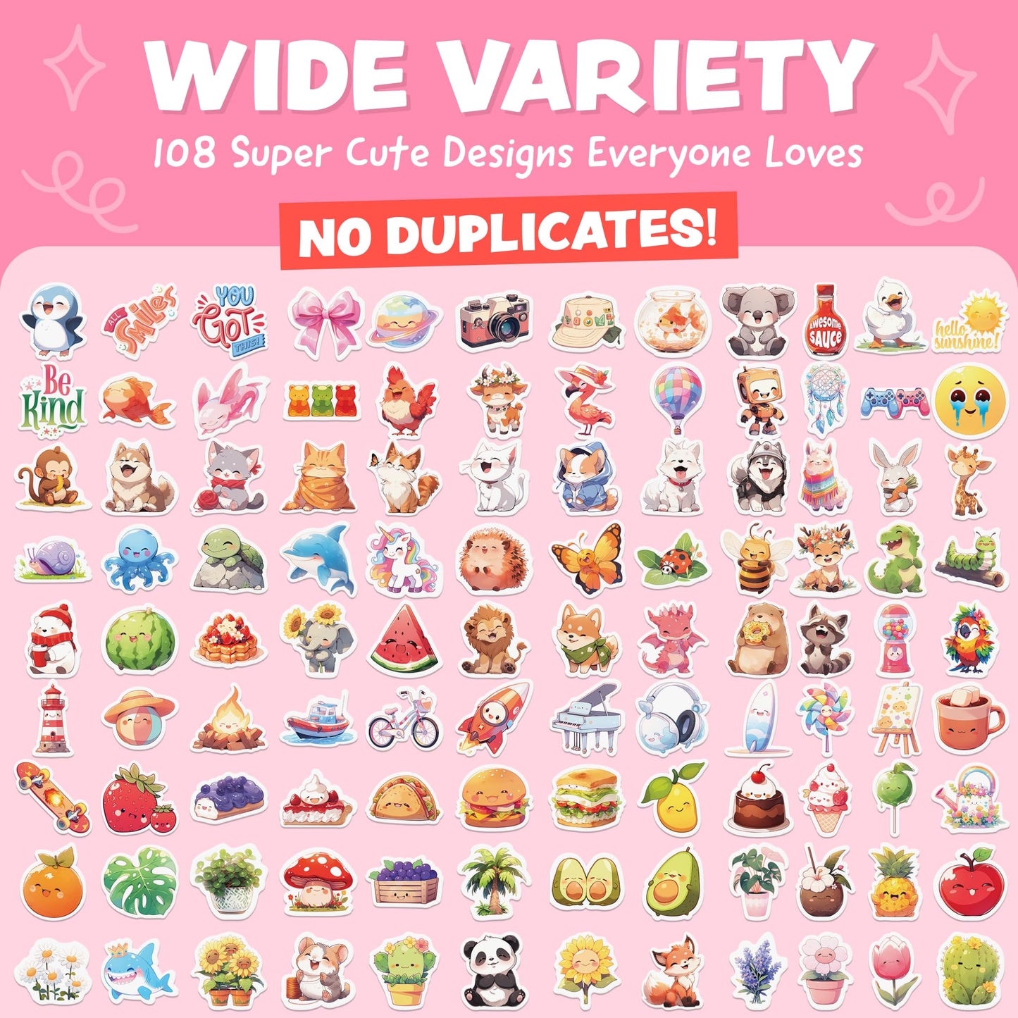 Joyousa Cute Stickers for Kids — 108pc Waterproof Kawaii Sticker Pack