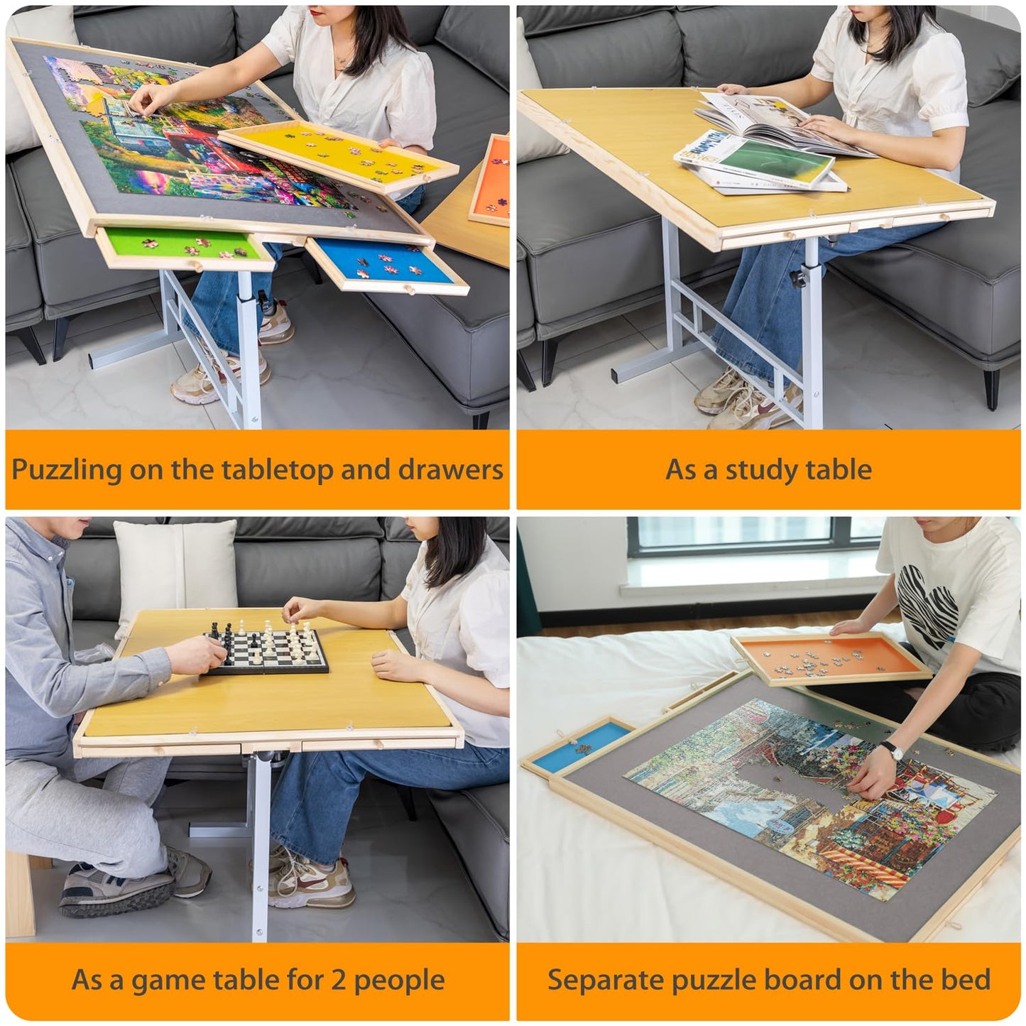 JoyPcsTable 1500-Piece Puzzle Table with Drawers — Adjustable 35x26 in, Tilt & Cover
