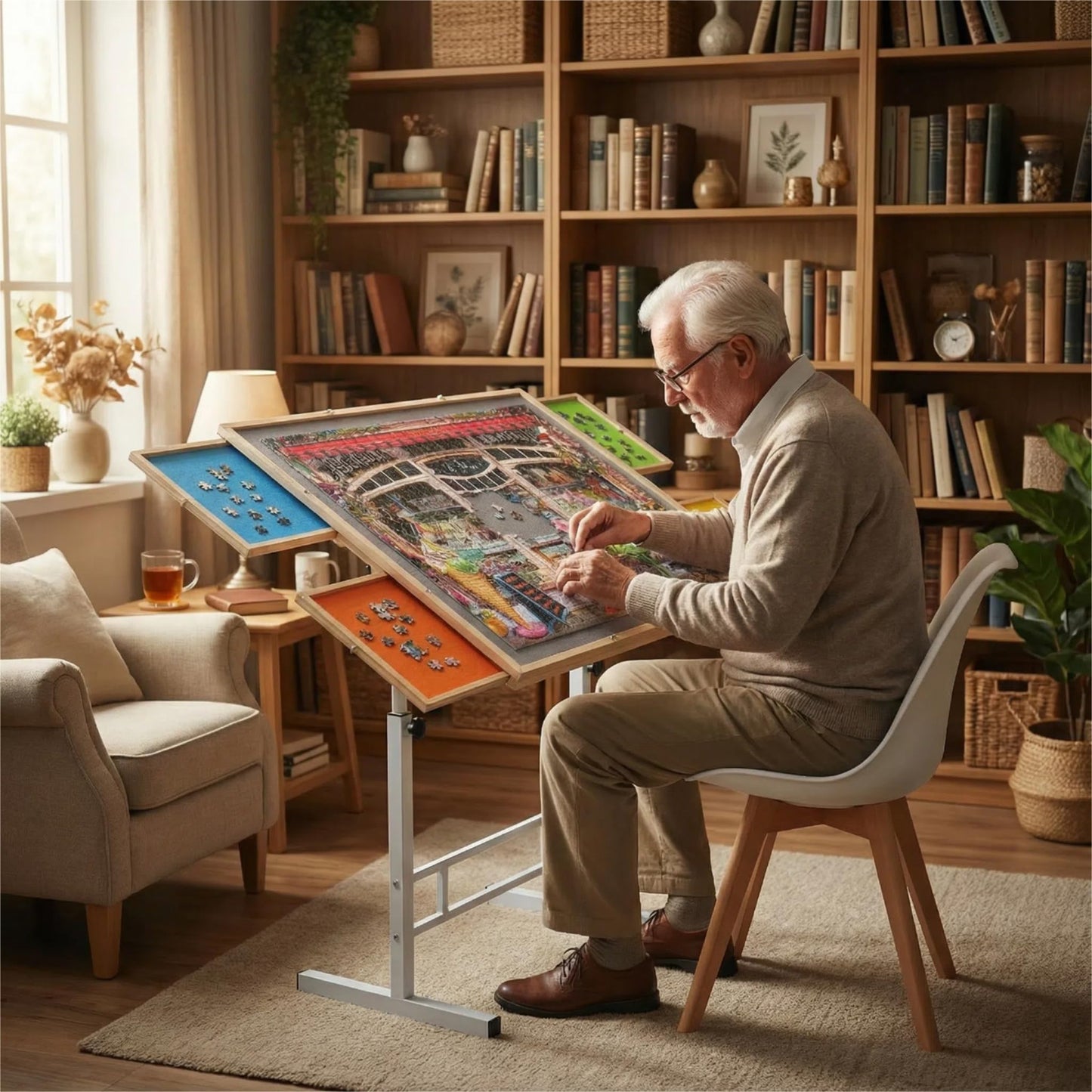 JoyPcsTable 1500-Piece Puzzle Table with Drawers — Adjustable 35x26 in, Tilt & Cover