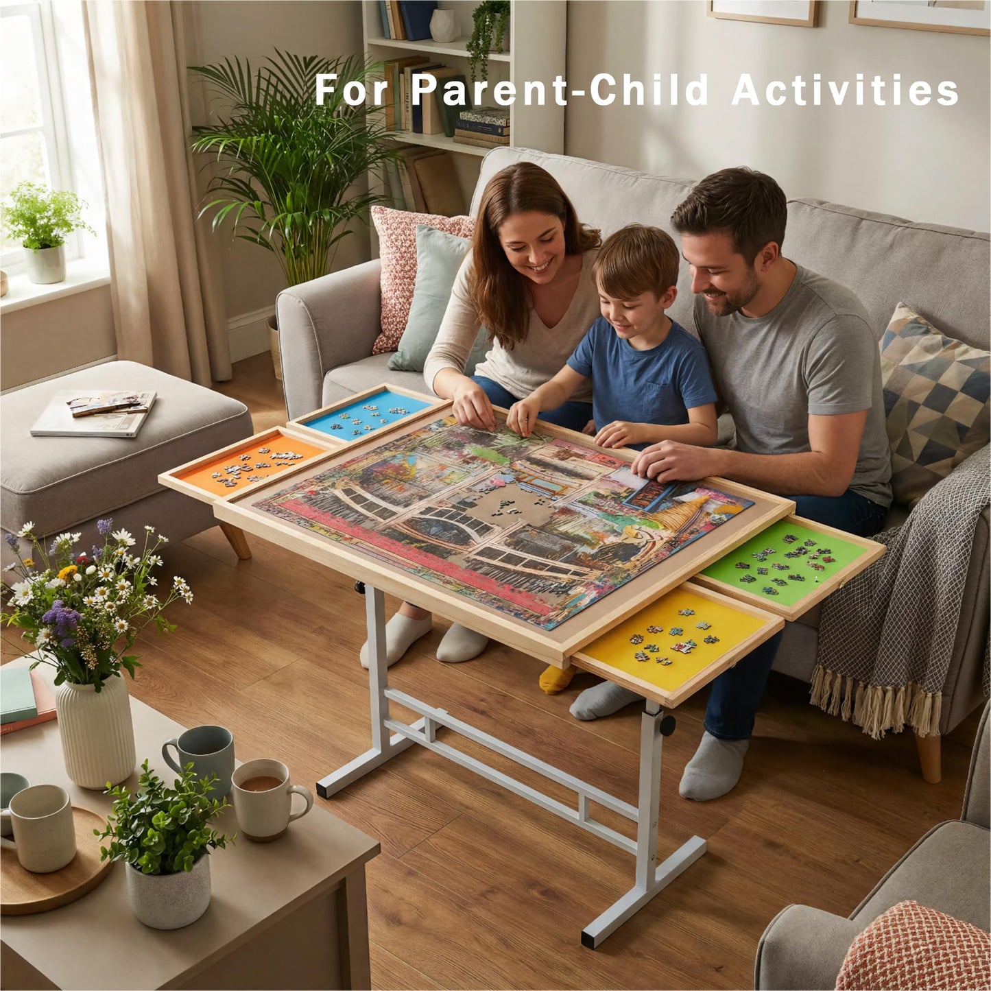 JoyPcsTable 1500-Piece Puzzle Table with Drawers — Adjustable 35x26 in, Tilt & Cover