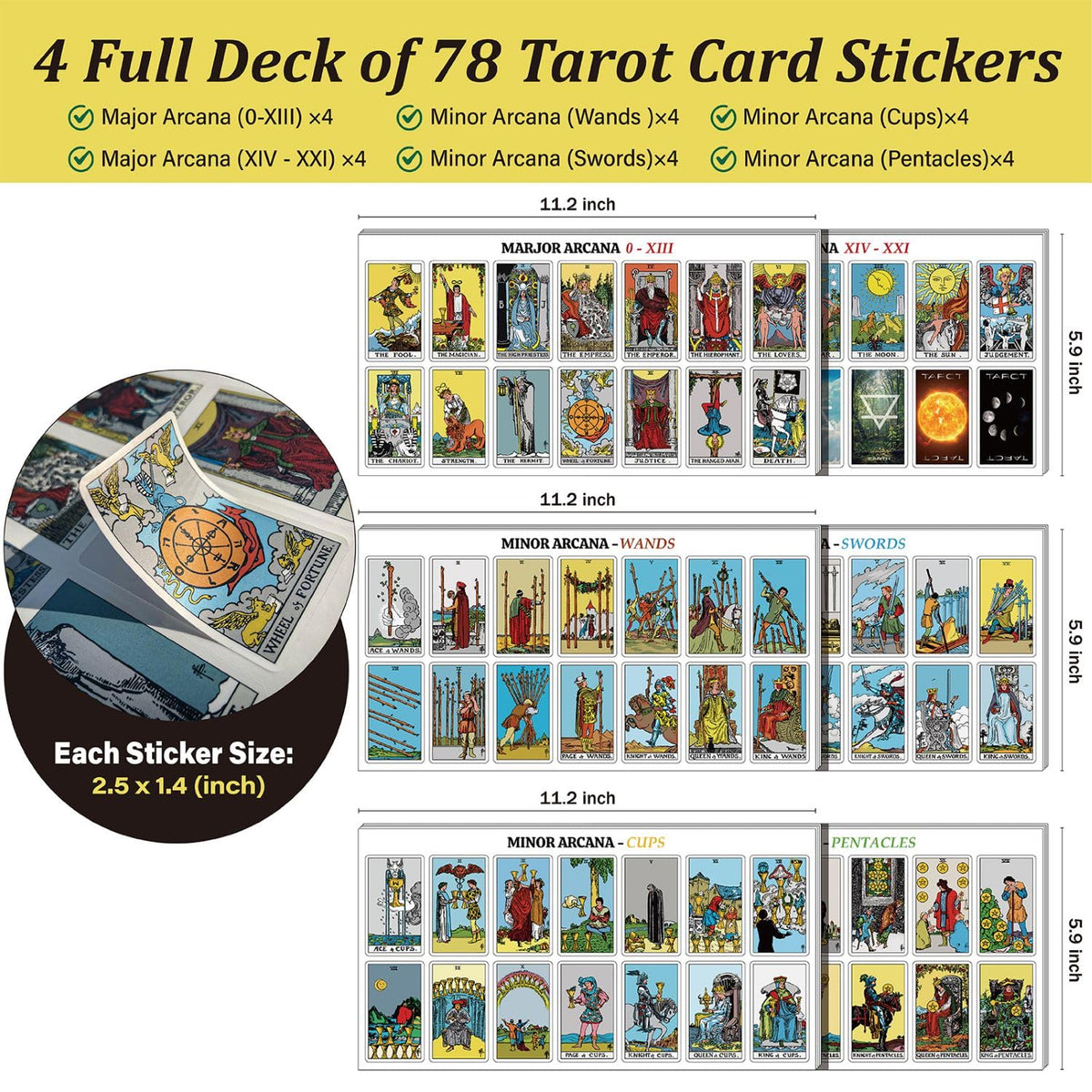 Joyppy 336 Pcs Tarot Stickers – Rider Waite Deck, 2.5 x 1.4 in (6.3 x 3.6 cm) – 4 Sets for Tarot Journal & Planner