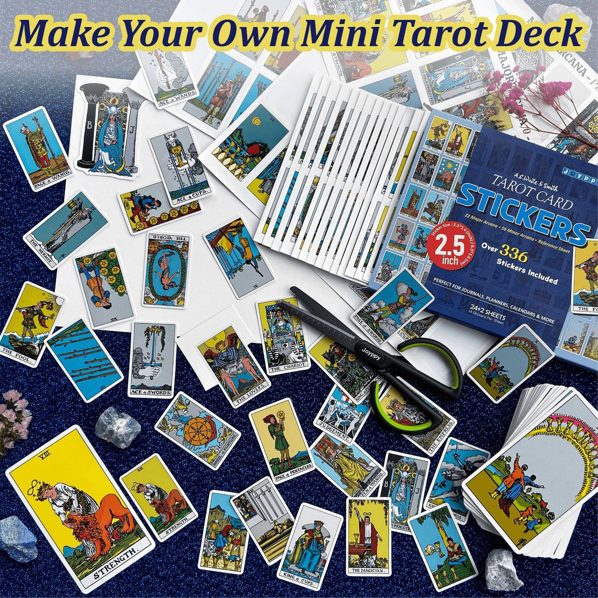 Joyppy 336 Pcs Tarot Stickers – Rider Waite Deck, 2.5 x 1.4 in (6.3 x 3.6 cm) – 4 Sets for Tarot Journal & Planner