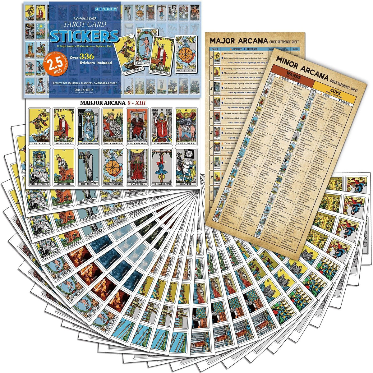 Joyppy 336 Pcs Tarot Stickers – Rider Waite Deck, 2.5 x 1.4 in (6.3 x 3.6 cm) – 4 Sets for Tarot Journal & Planner